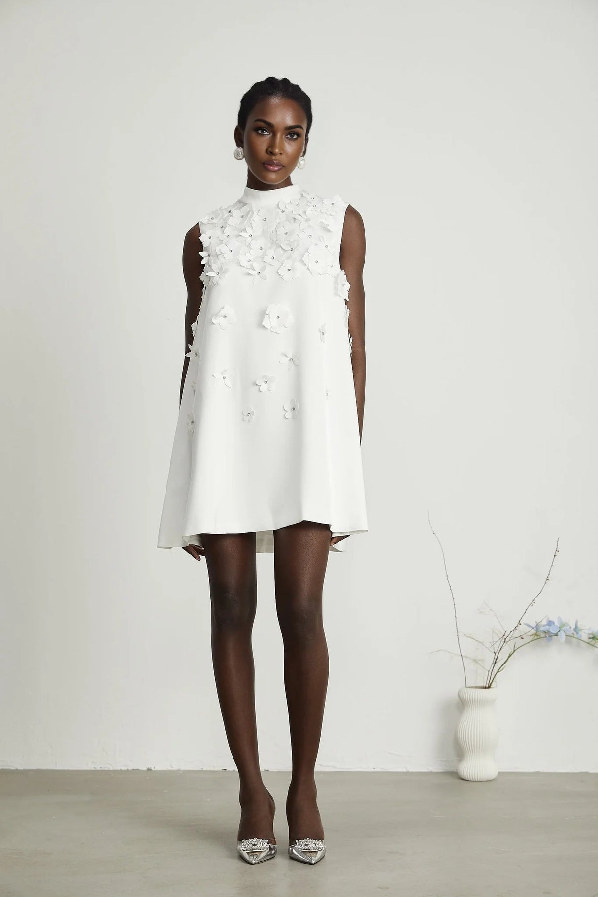 Alyssa Mini Dress White Faux - Flower Crystal Embellished Thigh - Length Hem