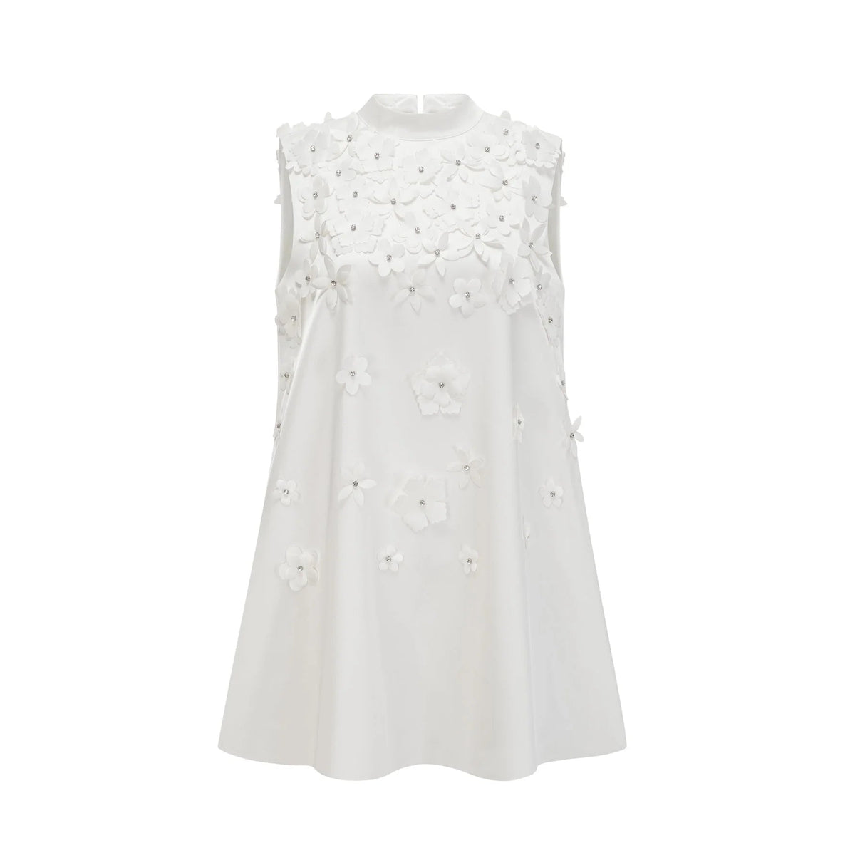 Alyssa Mini Dress White Faux - Flower Crystal Embellished Thigh - Length Hem