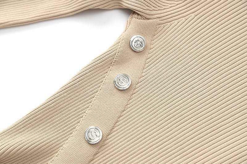 Amabile Dress - Fitted Silhouette - Midi Length - Ribbed Texture - Decorative Button Detail - Versatile Styling