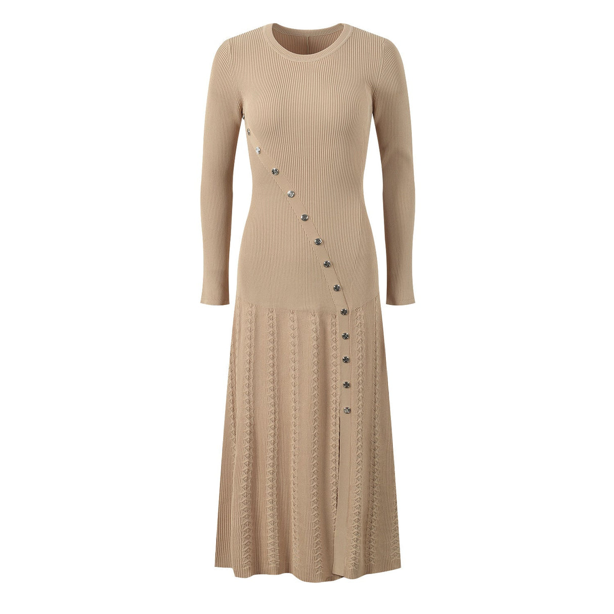 Amabile Dress - Fitted Silhouette - Midi Length - Ribbed Texture - Decorative Button Detail - Versatile Styling