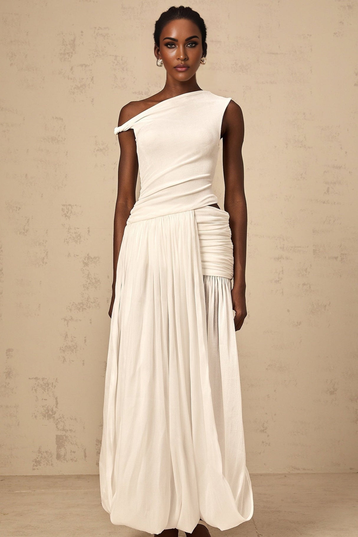 Amabile Maxi Dress - Mono Shoulder - Sleeveless - Shirred Panel - Side Slit - Cut - Out Detailing