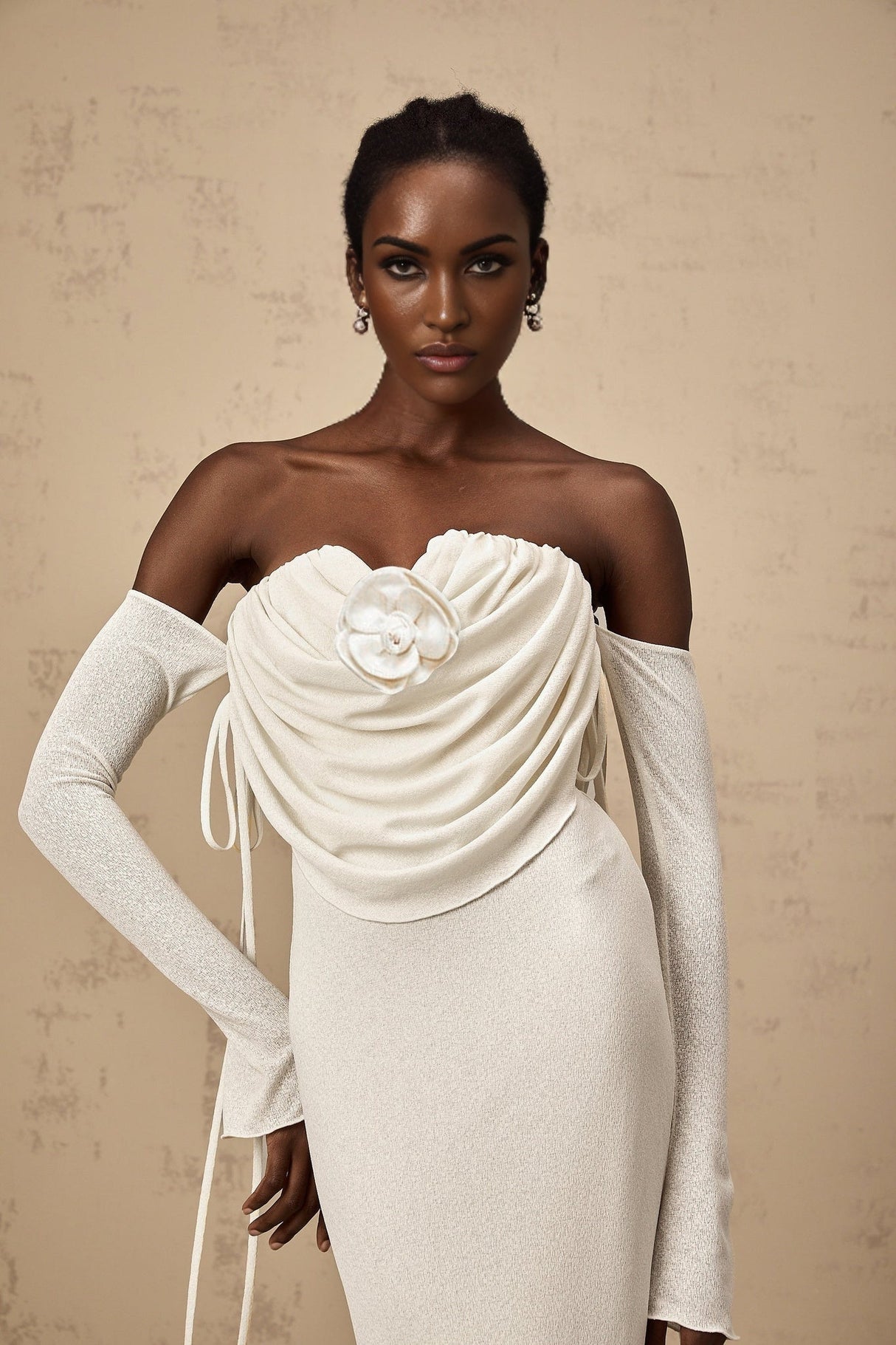 Amabile Maxi Dress - Off the Shoulder - Floral Appliqué - Ruched Detailing - Self - Tie Design - Flared Hem