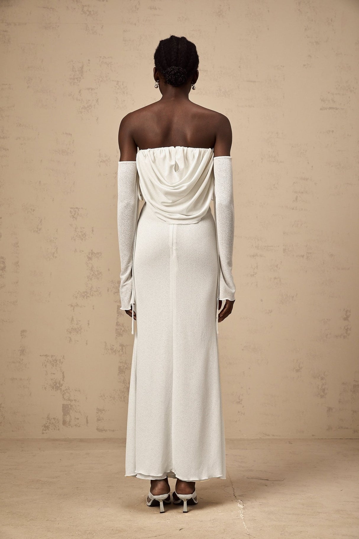 Amabile Maxi Dress - Off the Shoulder - Floral Appliqué - Ruched Detailing - Self - Tie Design - Flared Hem