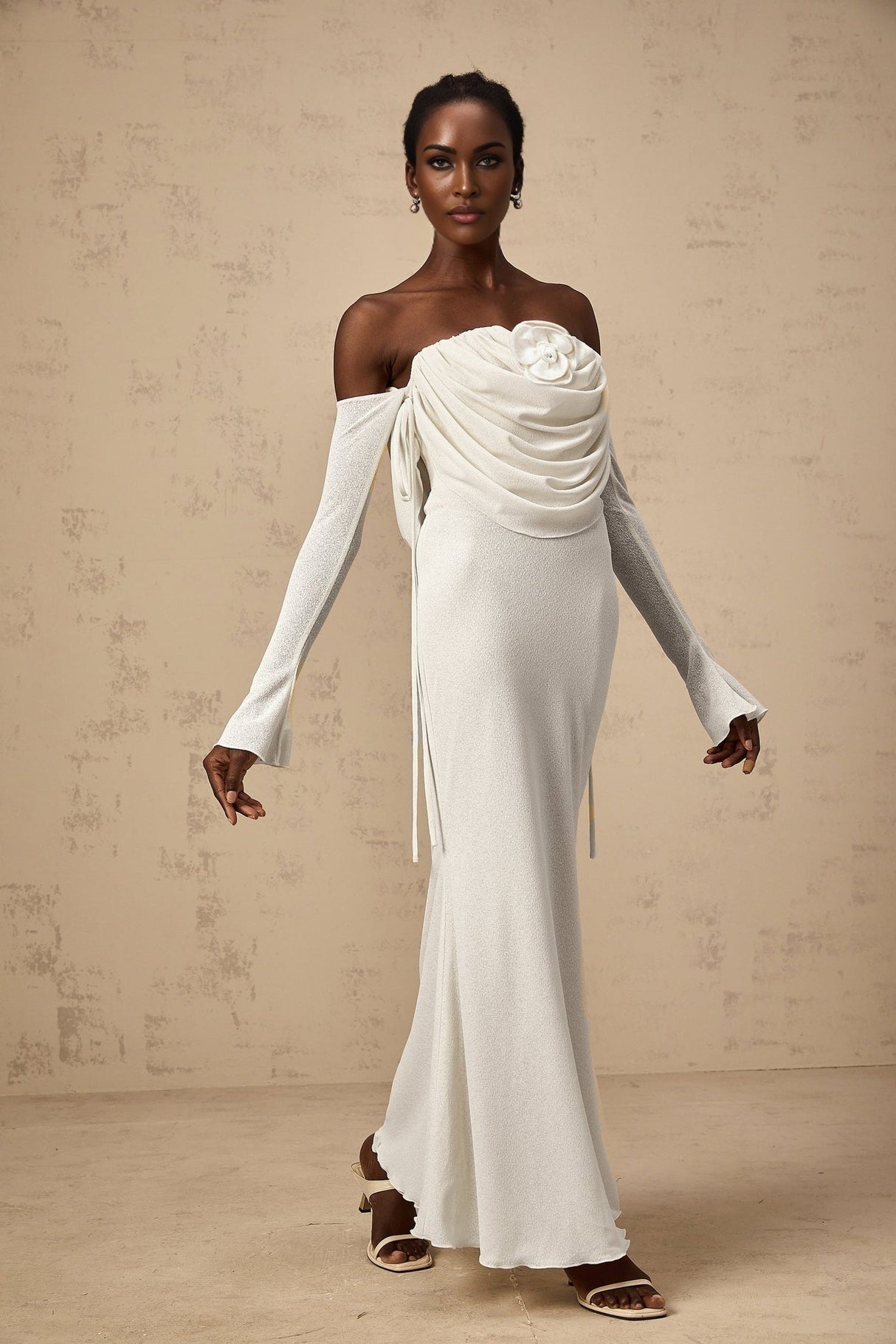 Amabile Maxi Dress - Off the Shoulder - Floral Appliqué - Ruched Detailing - Self - Tie Design - Flared Hem