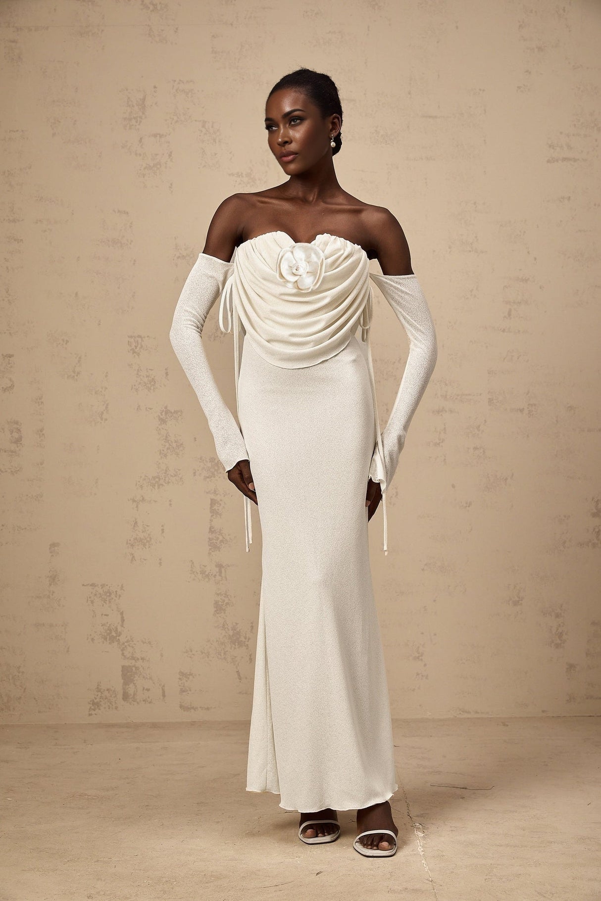 Amabile Maxi Dress - Off the Shoulder - Floral Appliqué - Ruched Detailing - Self - Tie Design - Flared Hem