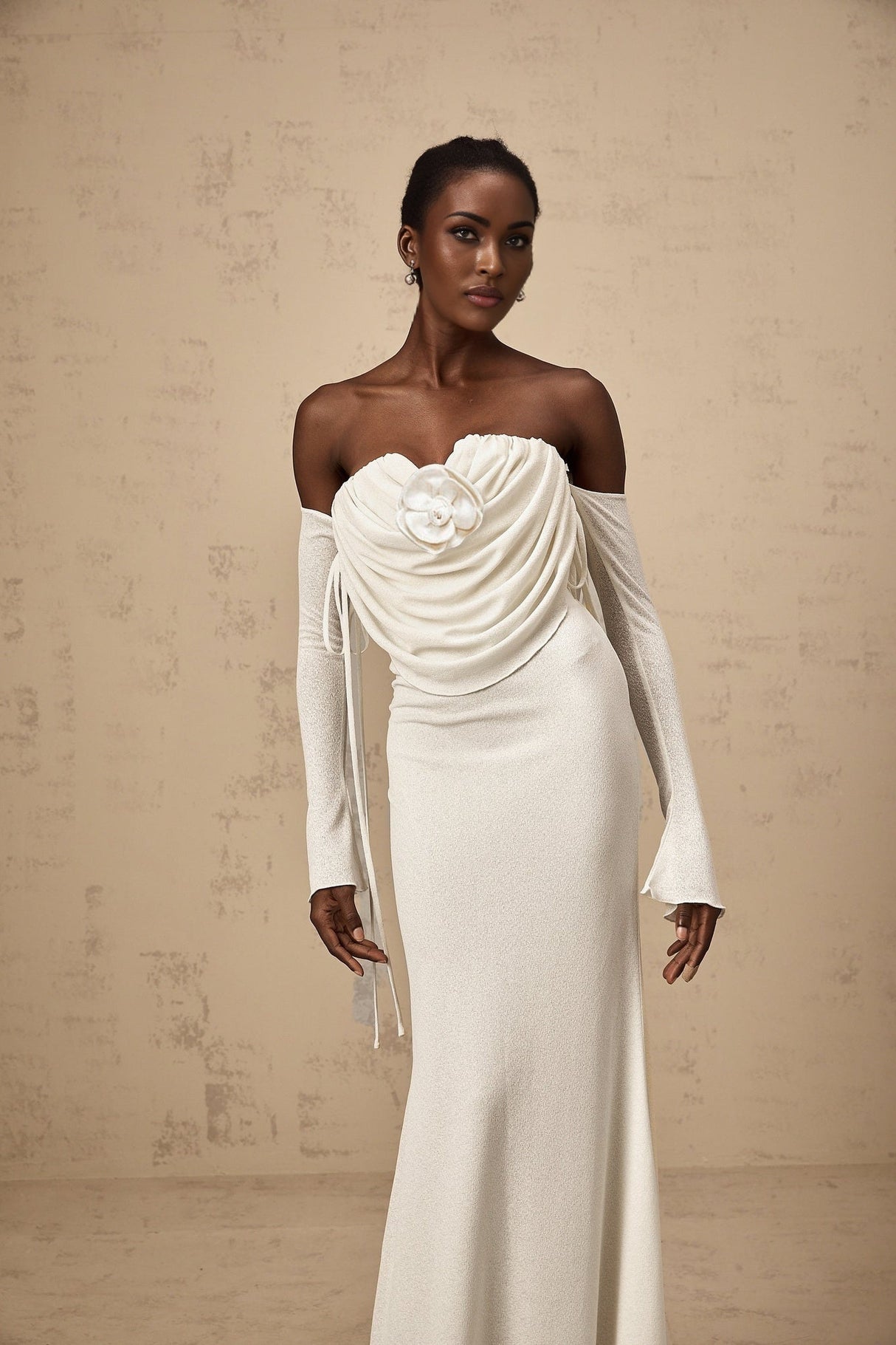 Amabile Maxi Dress - Off the Shoulder - Floral Appliqué - Ruched Detailing - Self - Tie Design - Flared Hem