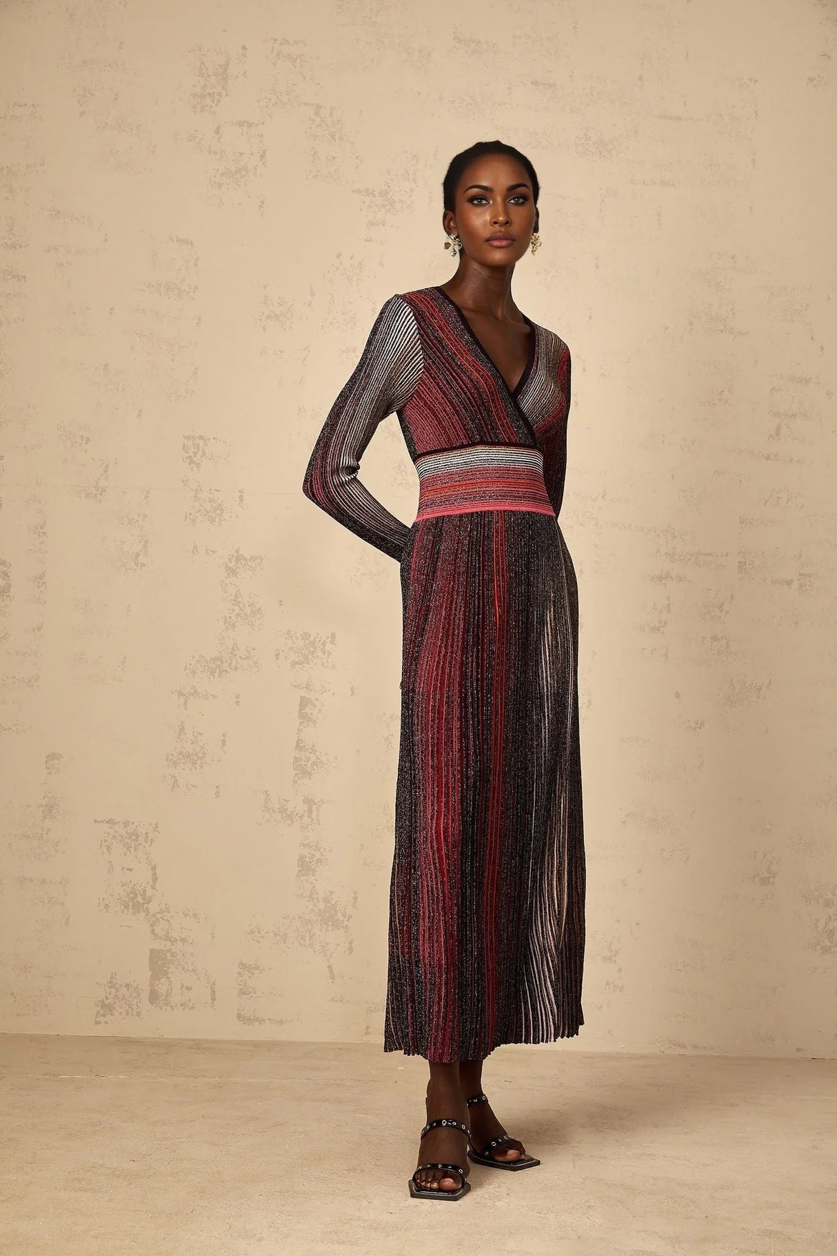 Amabile Maxi Dress Red Stripe Sequin Knit Long Sleeve & V - Neck