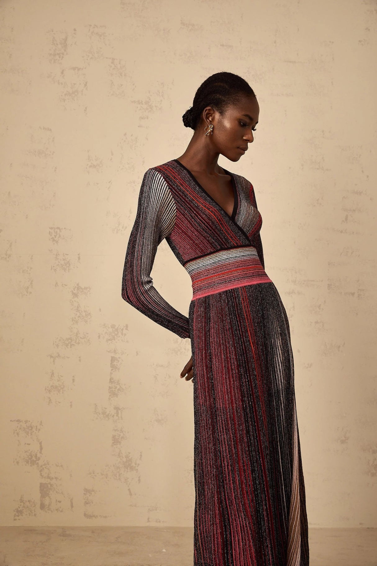 Amabile Maxi Dress Red Stripe Sequin Knit Long Sleeve & V - Neck