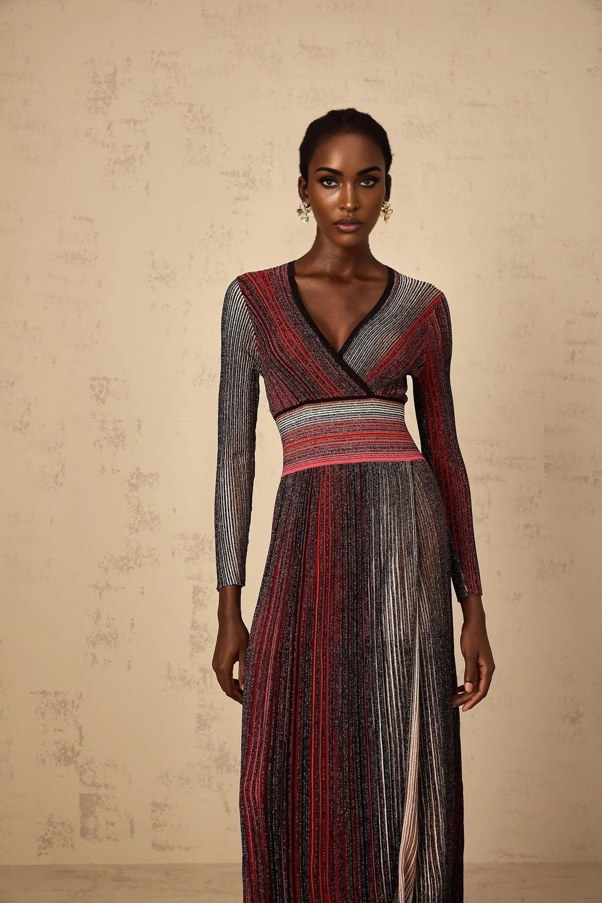 Amabile Maxi Dress Red Stripe Sequin Knit Long Sleeve & V - Neck