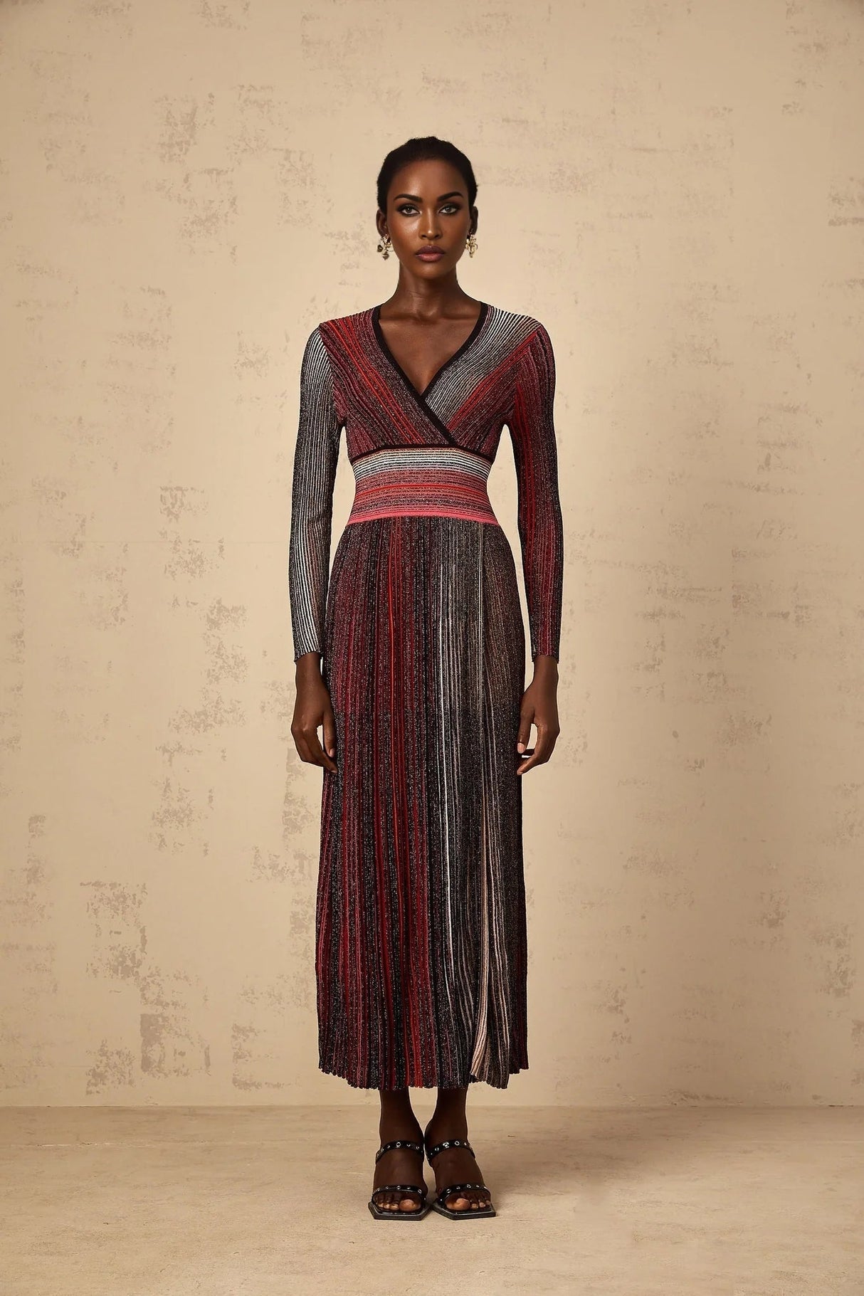 Amabile Maxi Dress Red Stripe Sequin Knit Long Sleeve & V - Neck