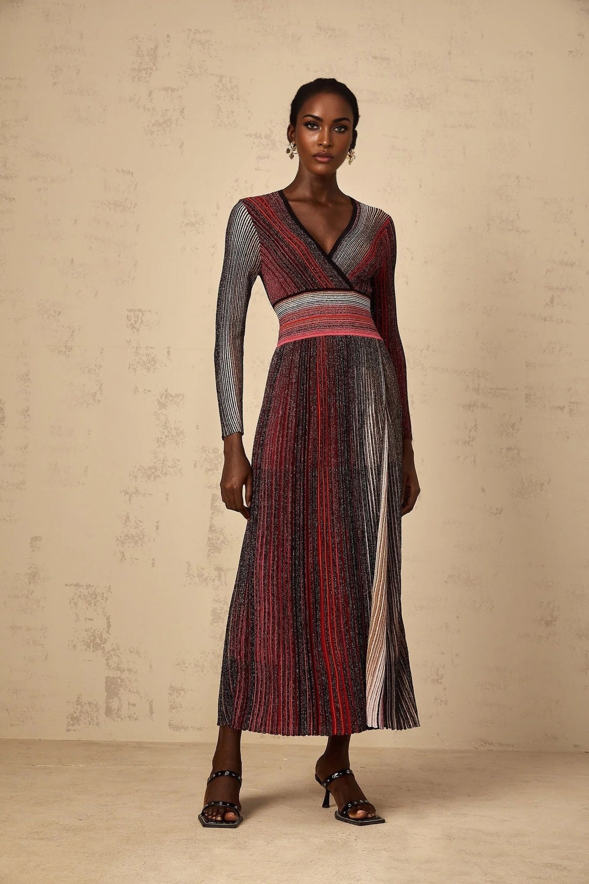 Amabile Maxi Dress Red Stripe Sequin Knit Long Sleeve & V - Neck