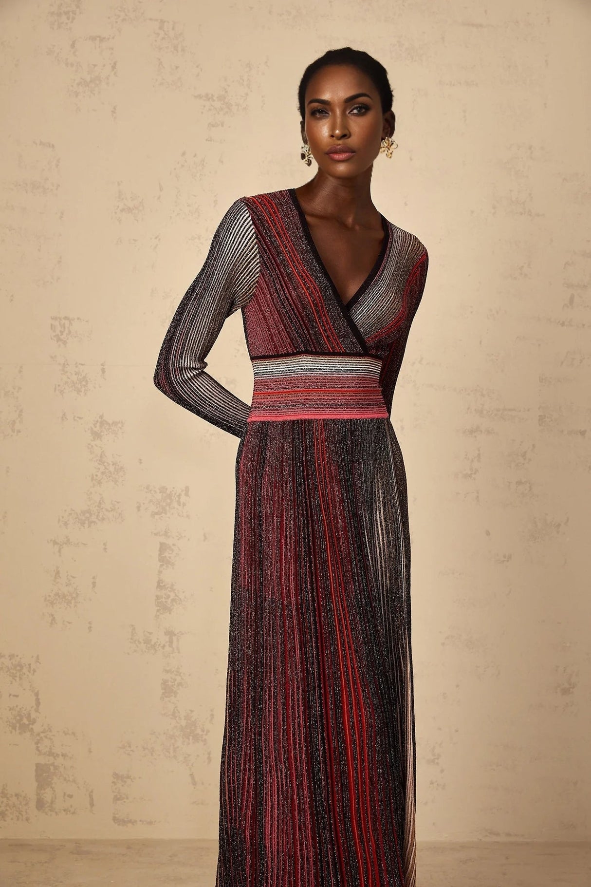 Amabile Maxi Dress Red Stripe Sequin Knit Long Sleeve & V - Neck