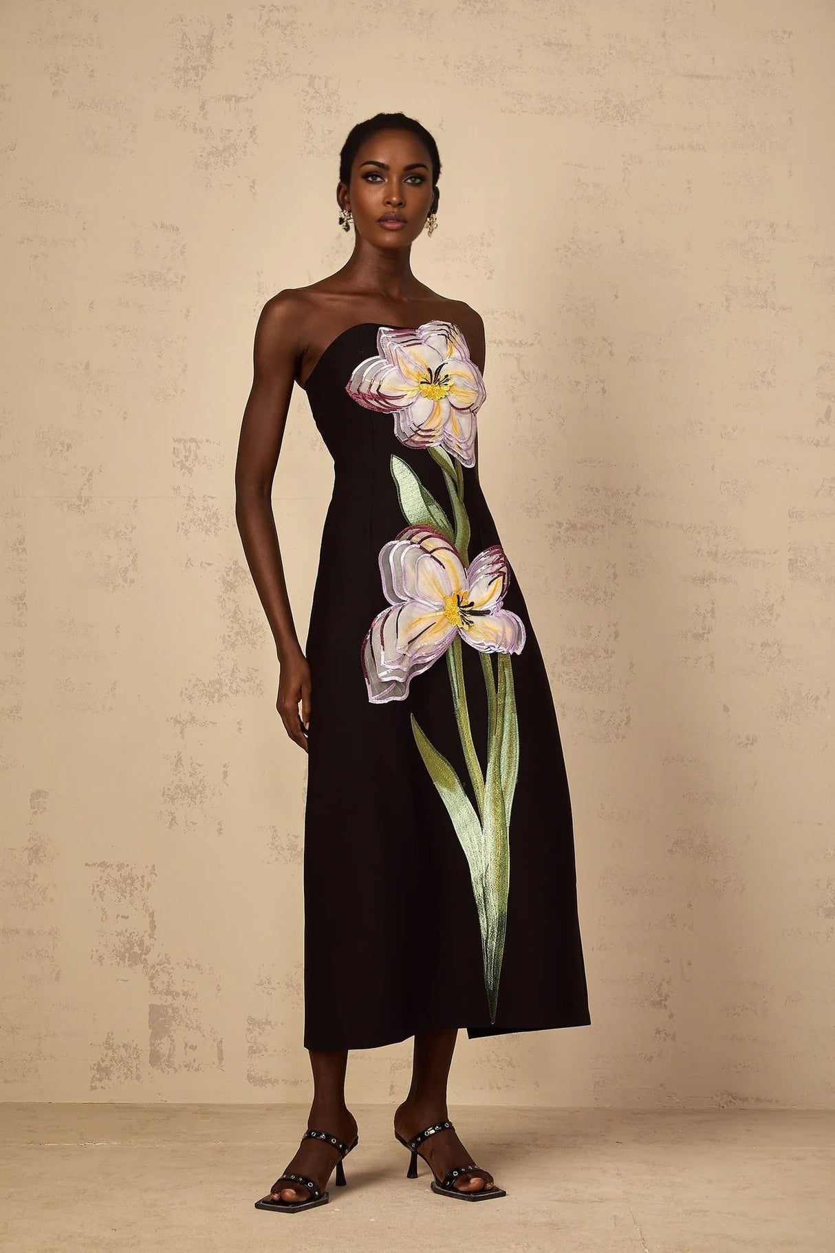 Amabile Midi Dress Black Floral Sequin Off - Shoulder Slit Zip Mid - Length