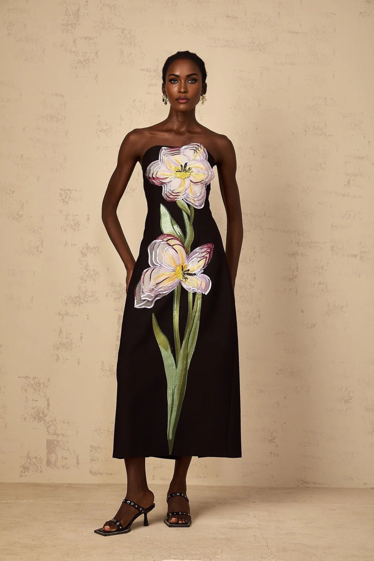 Amabile Midi Dress Black Floral Sequin Off - Shoulder Slit Zip Mid - Length