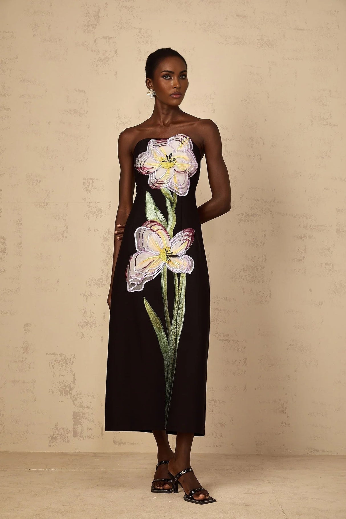 Amabile Midi Dress Black Floral Sequin Off - Shoulder Slit Zip Mid - Length