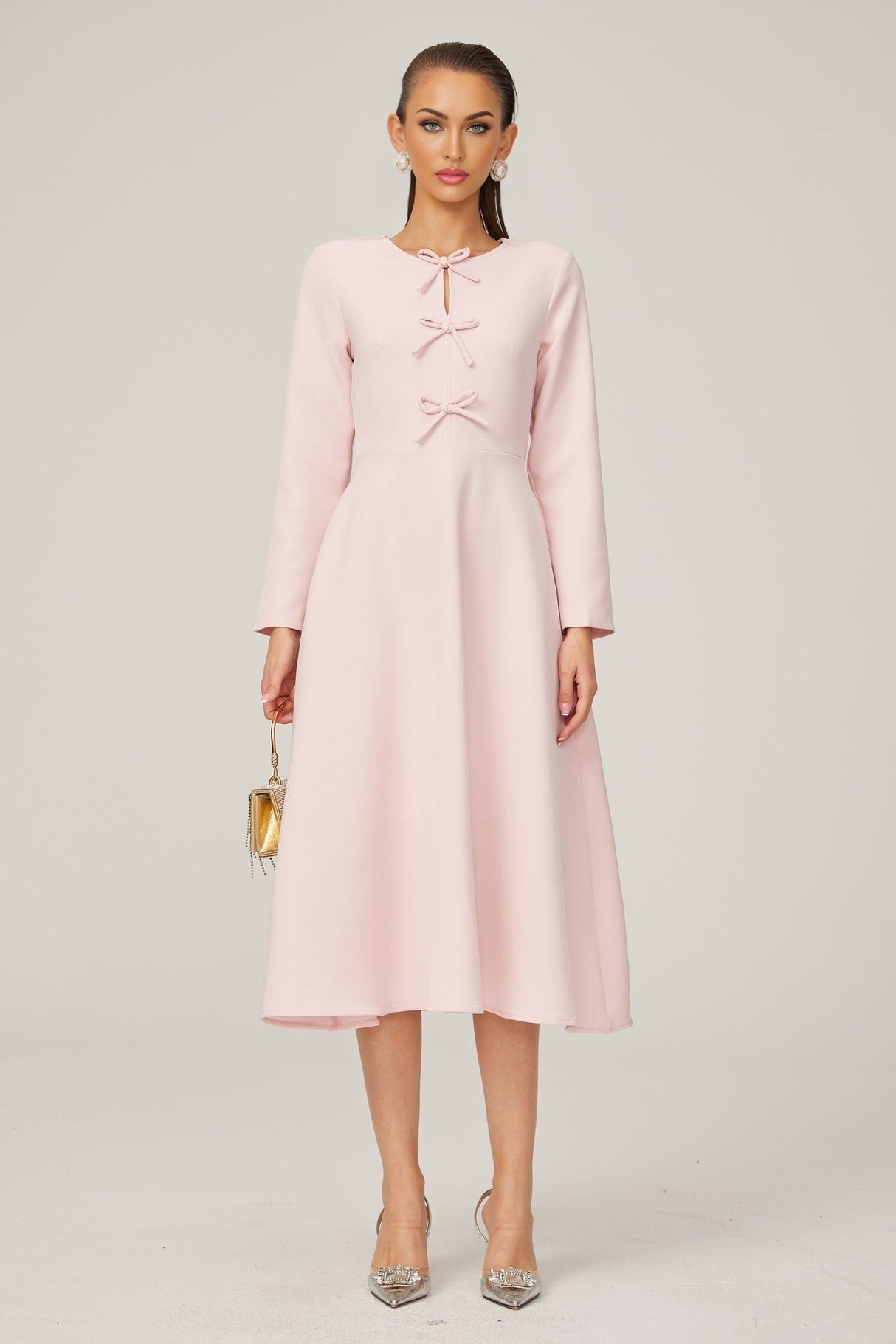 Amabile Midi Dress - Bowknot Detailing - Flared Skirt - Long Sleeves - Rear Zip Fastening