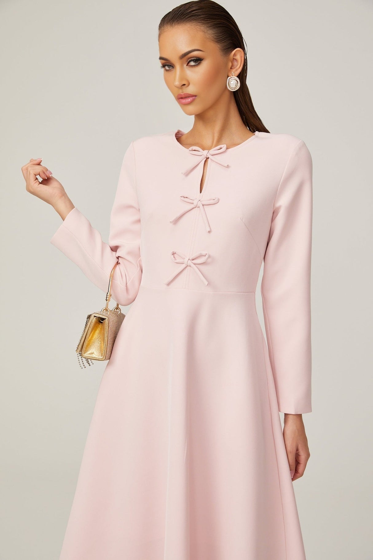 Amabile Midi Dress - Bowknot Detailing - Flared Skirt - Long Sleeves - Rear Zip Fastening