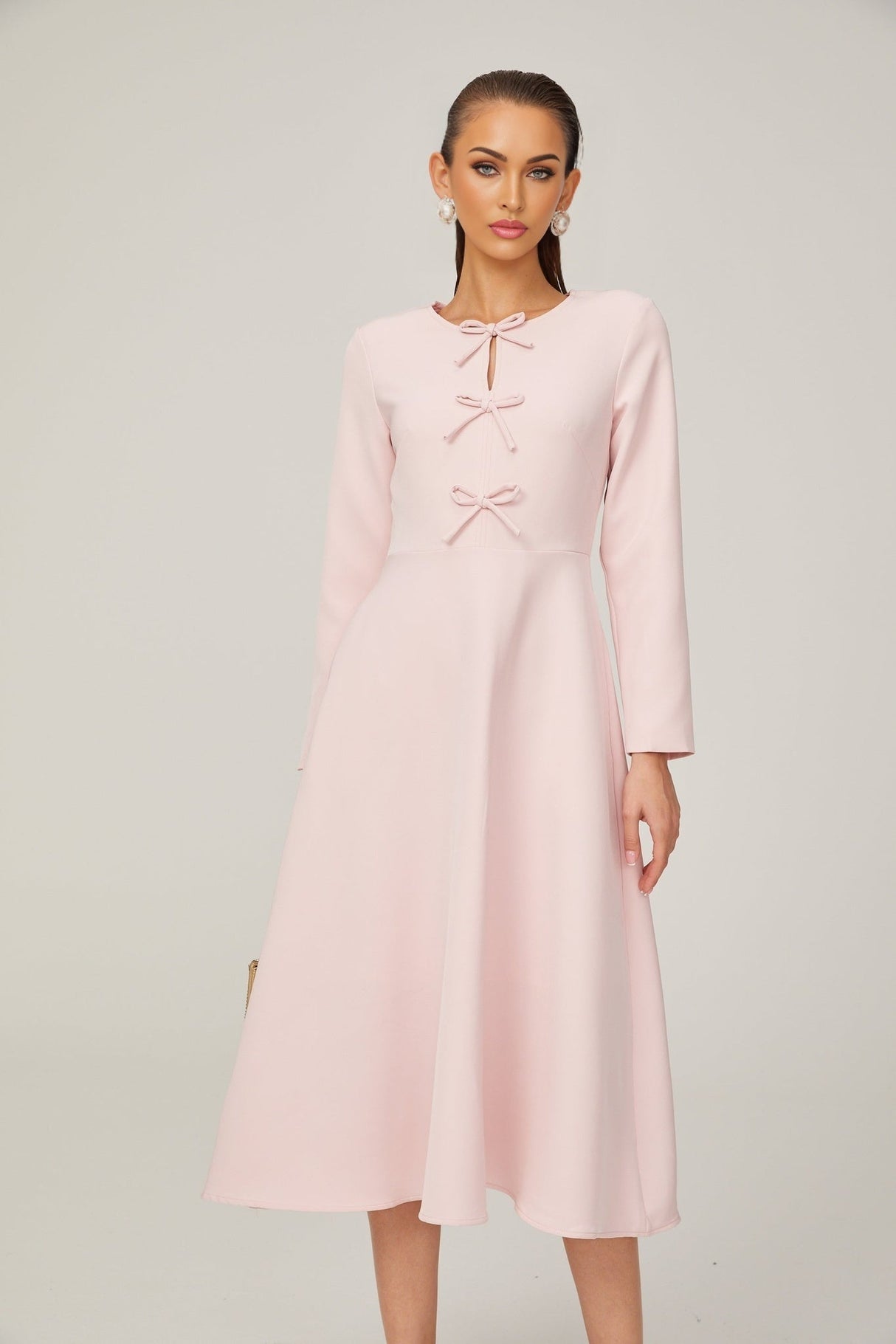 Amabile Midi Dress - Bowknot Detailing - Flared Skirt - Long Sleeves - Rear Zip Fastening