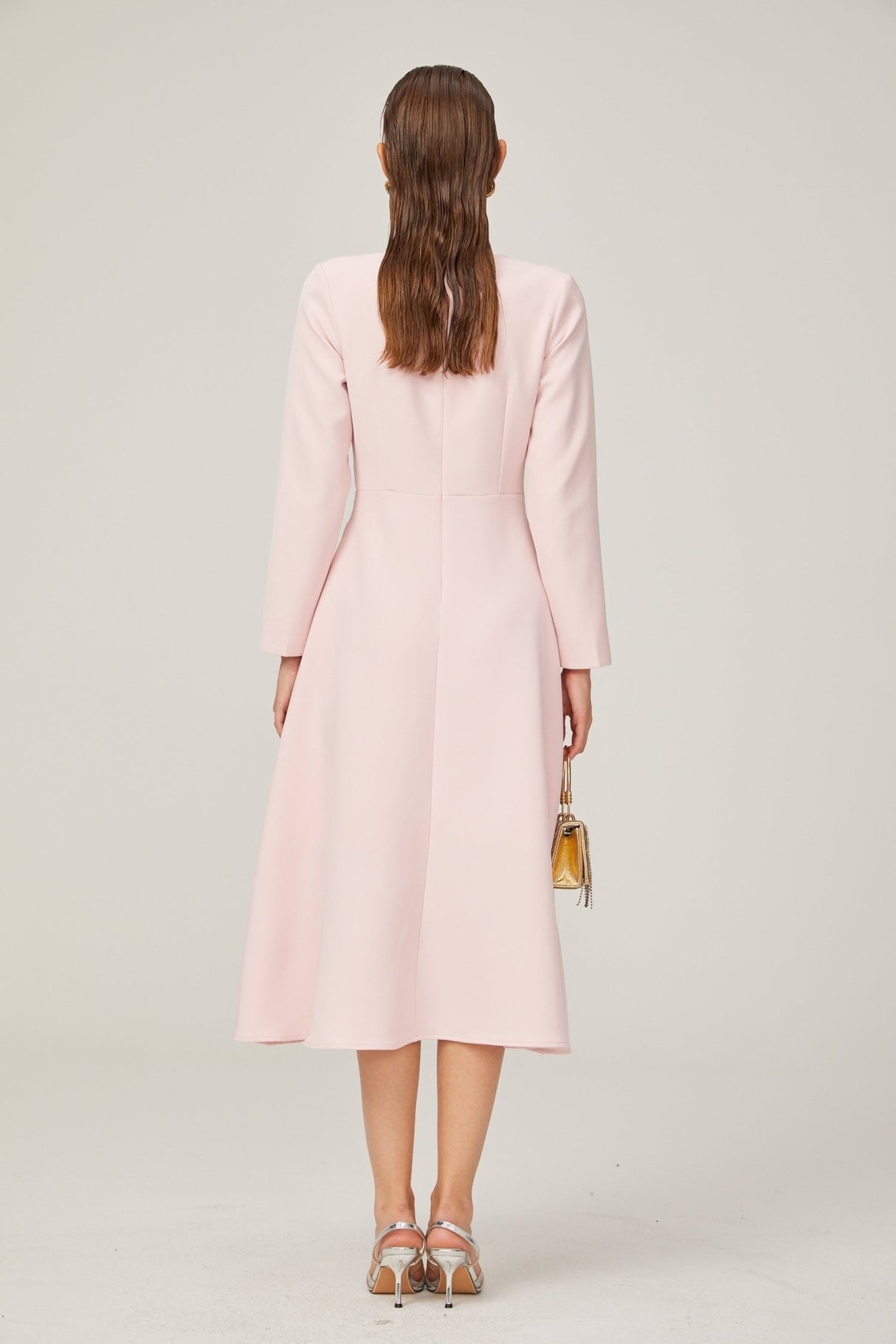Amabile Midi Dress - Bowknot Detailing - Flared Skirt - Long Sleeves - Rear Zip Fastening