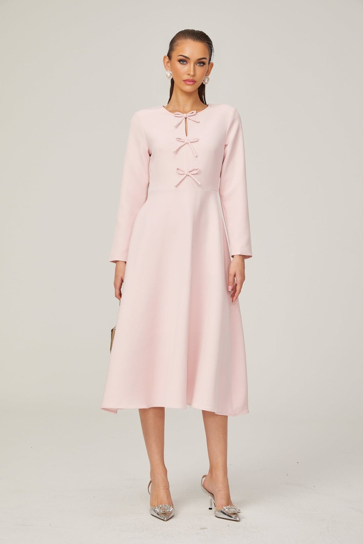 Amabile Midi Dress - Bowknot Detailing - Flared Skirt - Long Sleeves - Rear Zip Fastening