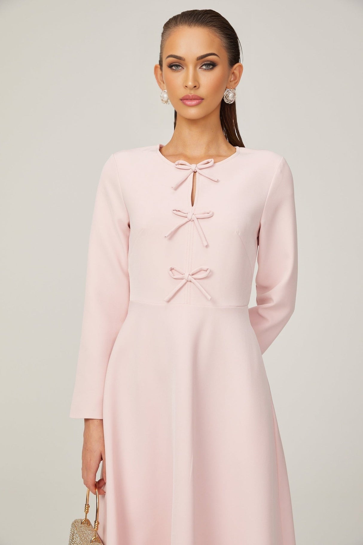 Amabile Midi Dress - Bowknot Detailing - Flared Skirt - Long Sleeves - Rear Zip Fastening