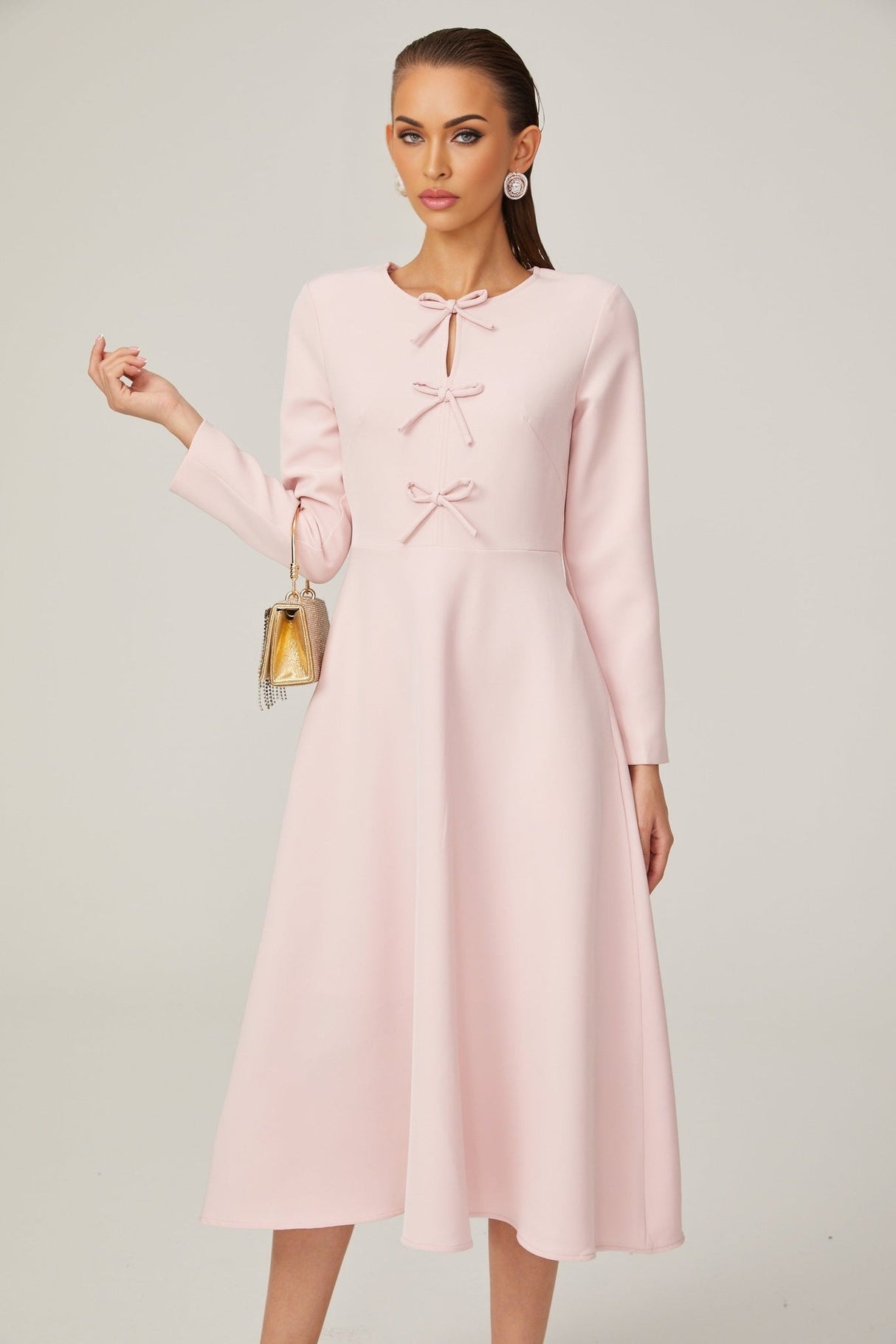 Amabile Midi Dress - Bowknot Detailing - Flared Skirt - Long Sleeves - Rear Zip Fastening