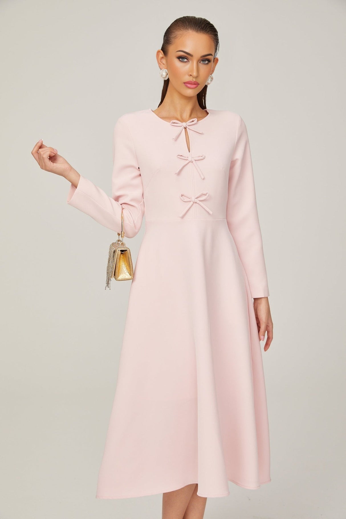 Amabile Midi Dress - Bowknot Detailing - Flared Skirt - Long Sleeves - Rear Zip Fastening