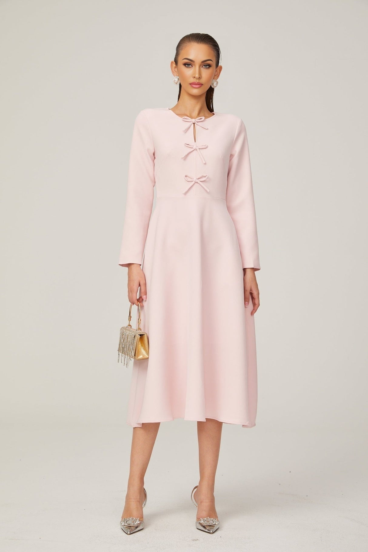Amabile Midi Dress - Bowknot Detailing - Flared Skirt - Long Sleeves - Rear Zip Fastening