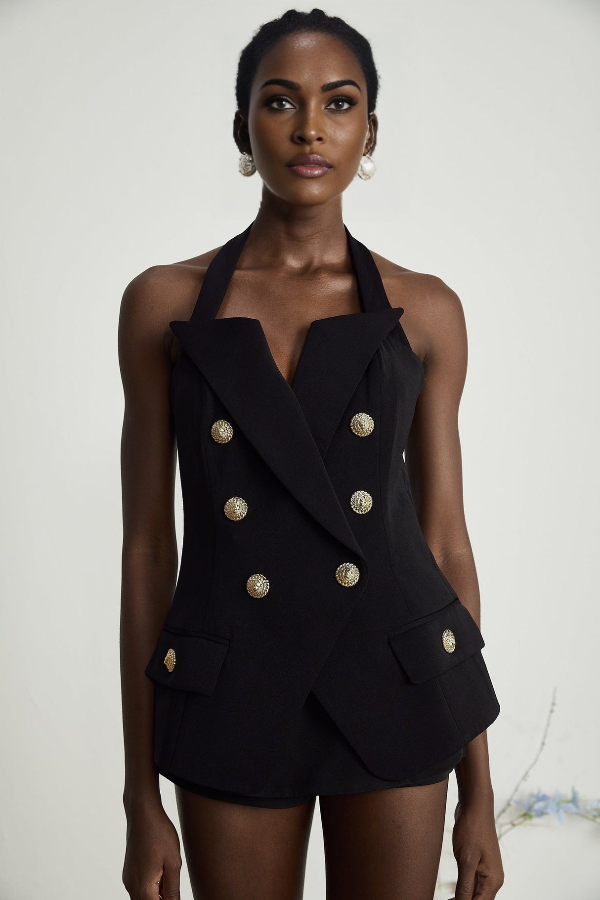 Amabile Top - Double - Breasted - halter neck - Embossed Gold Buttons - Viscose