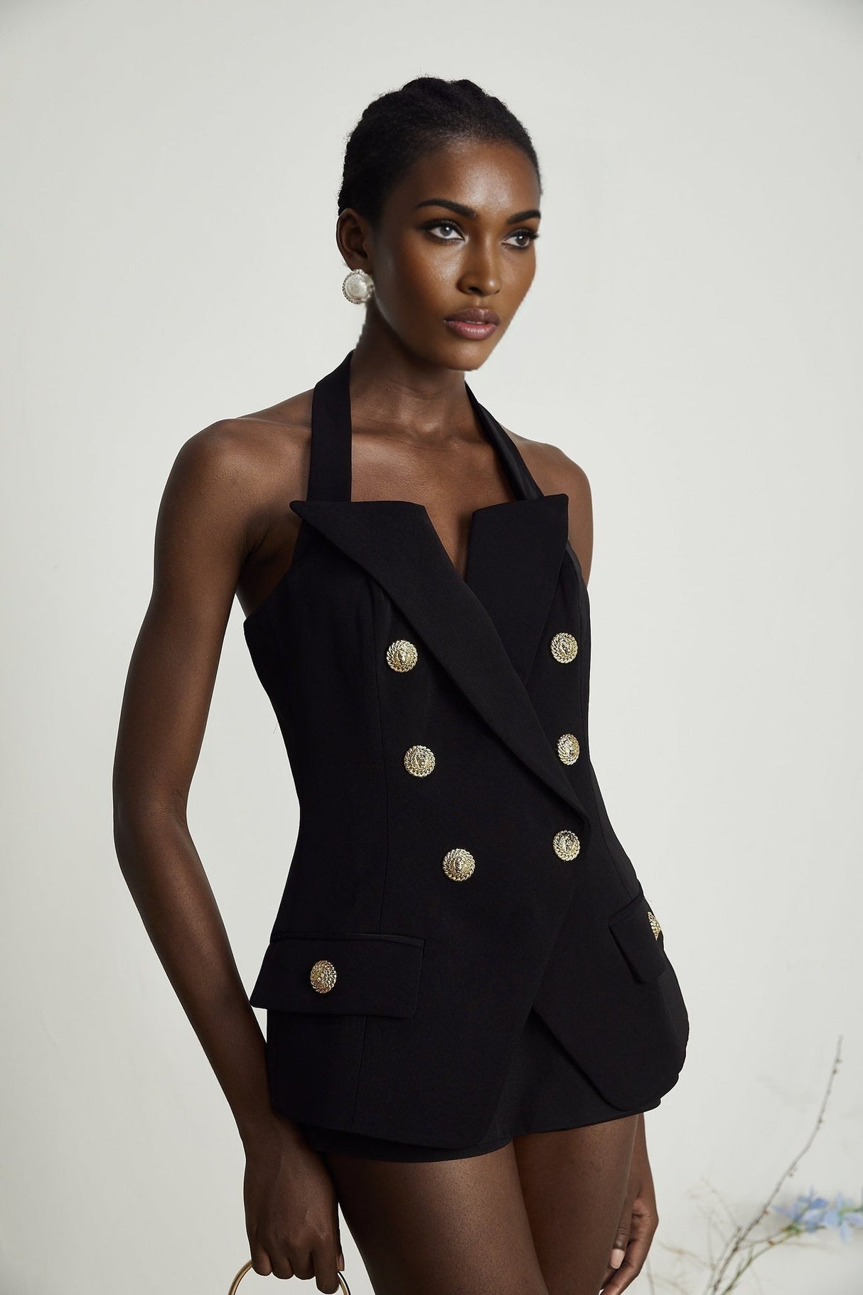 Amabile Top - Double - Breasted - halter neck - Embossed Gold Buttons - Viscose