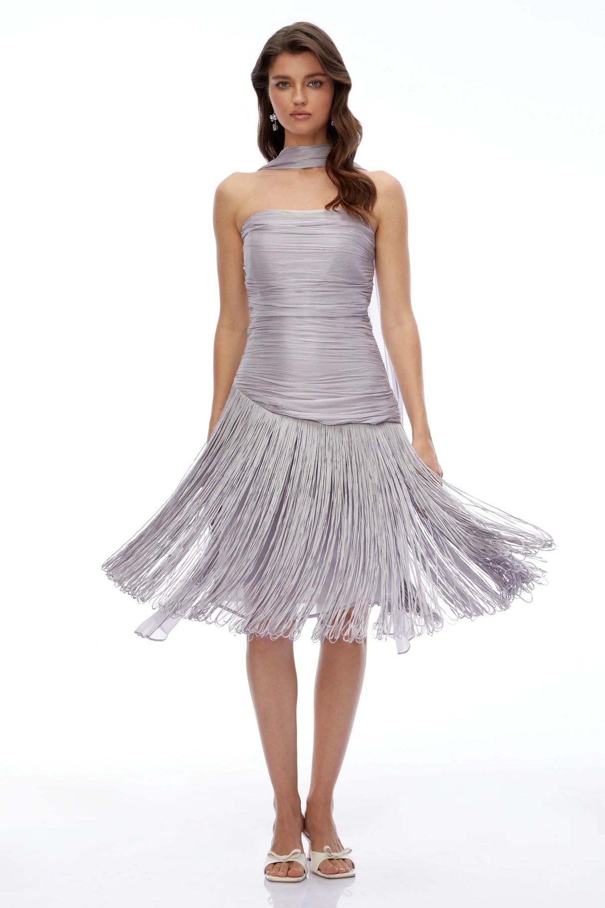 Amaia Smoky Purple Off Shoulder Ruched Midi Dress with Fringe