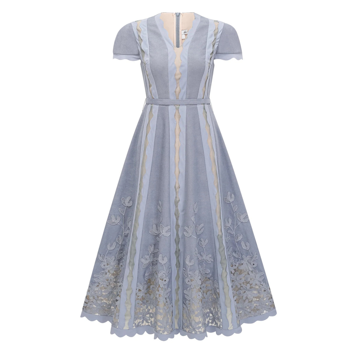 Amália Blue Scalloped Floral Embroidered Midi Dress