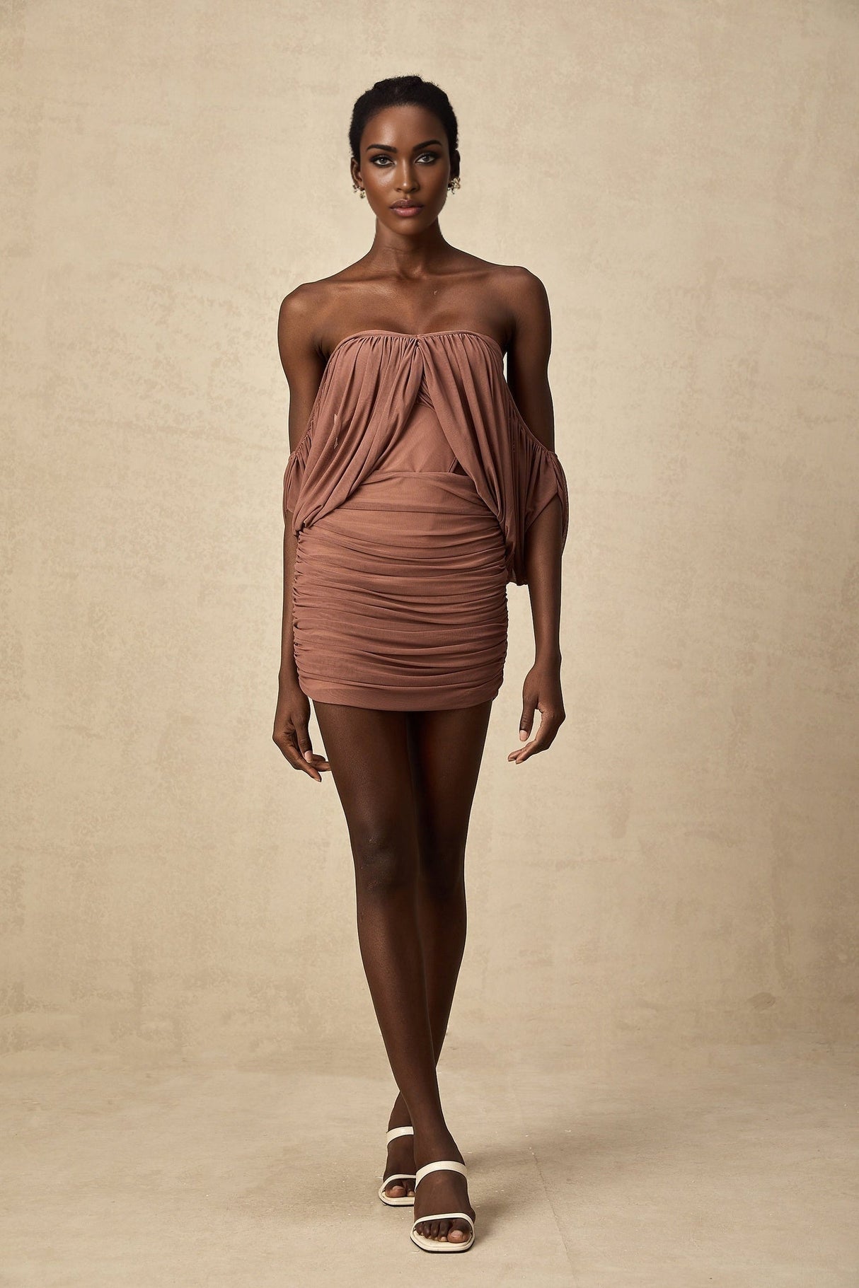 Amalia Bodysuit & Skirt - Open Back Off - Shoulder - Ruched Detailing - High - Rise Cut - Side Zip Fastening