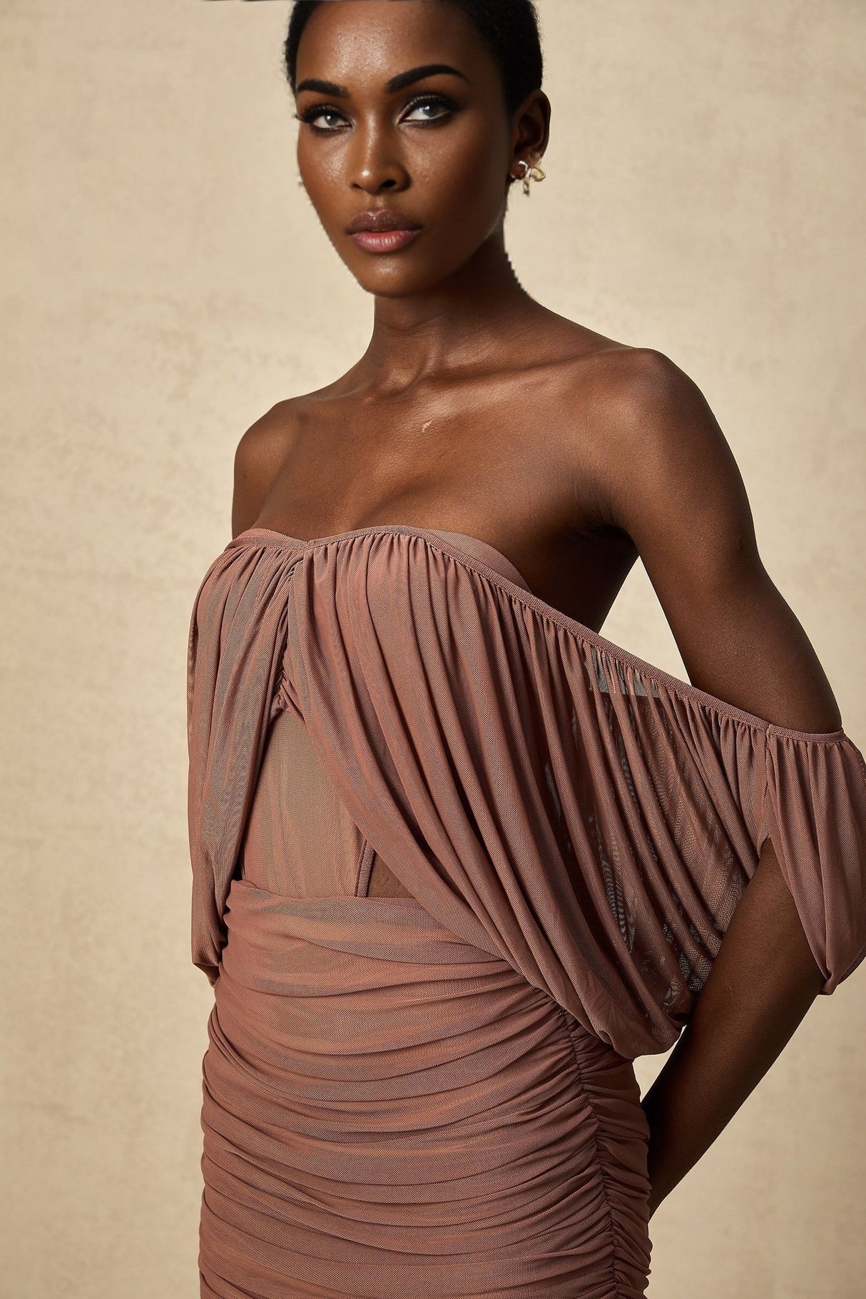 Amalia Bodysuit & Skirt - Open Back Off - Shoulder - Ruched Detailing - High - Rise Cut - Side Zip Fastening