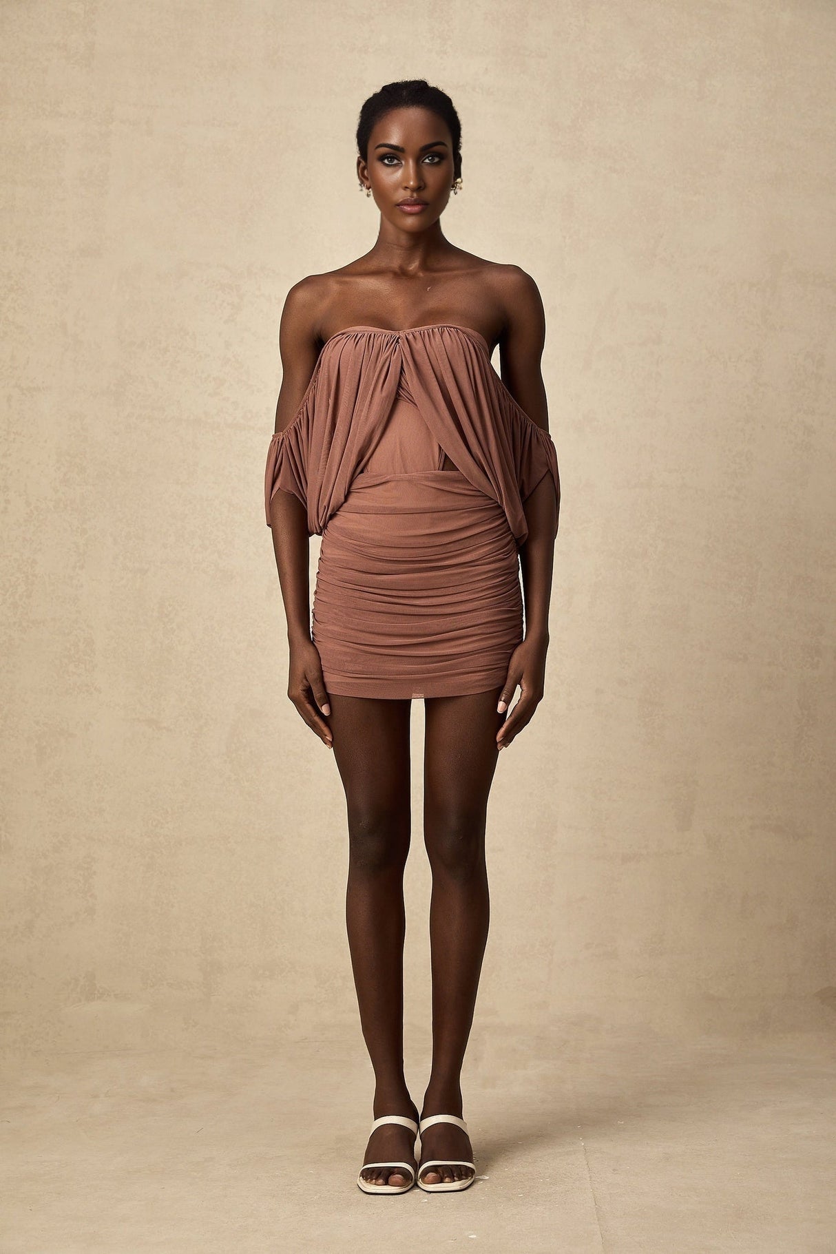 Amalia Bodysuit & Skirt - Open Back Off - Shoulder - Ruched Detailing - High - Rise Cut - Side Zip Fastening