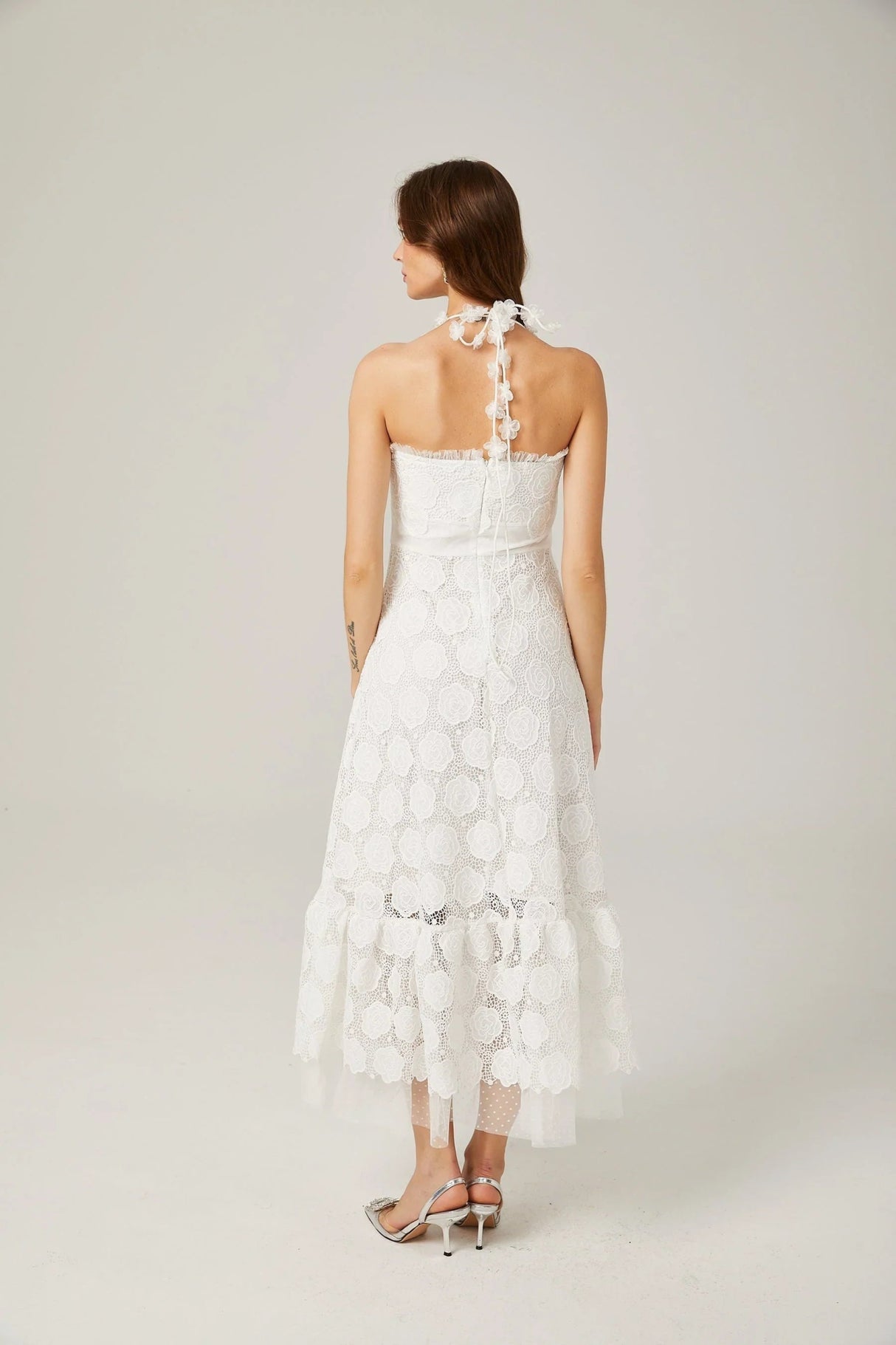 Amalia Floral Midi Dress - Halterneck Design - Lace Trim Detailing - Faux - Floral Embellishments - Semi - sheer Construction