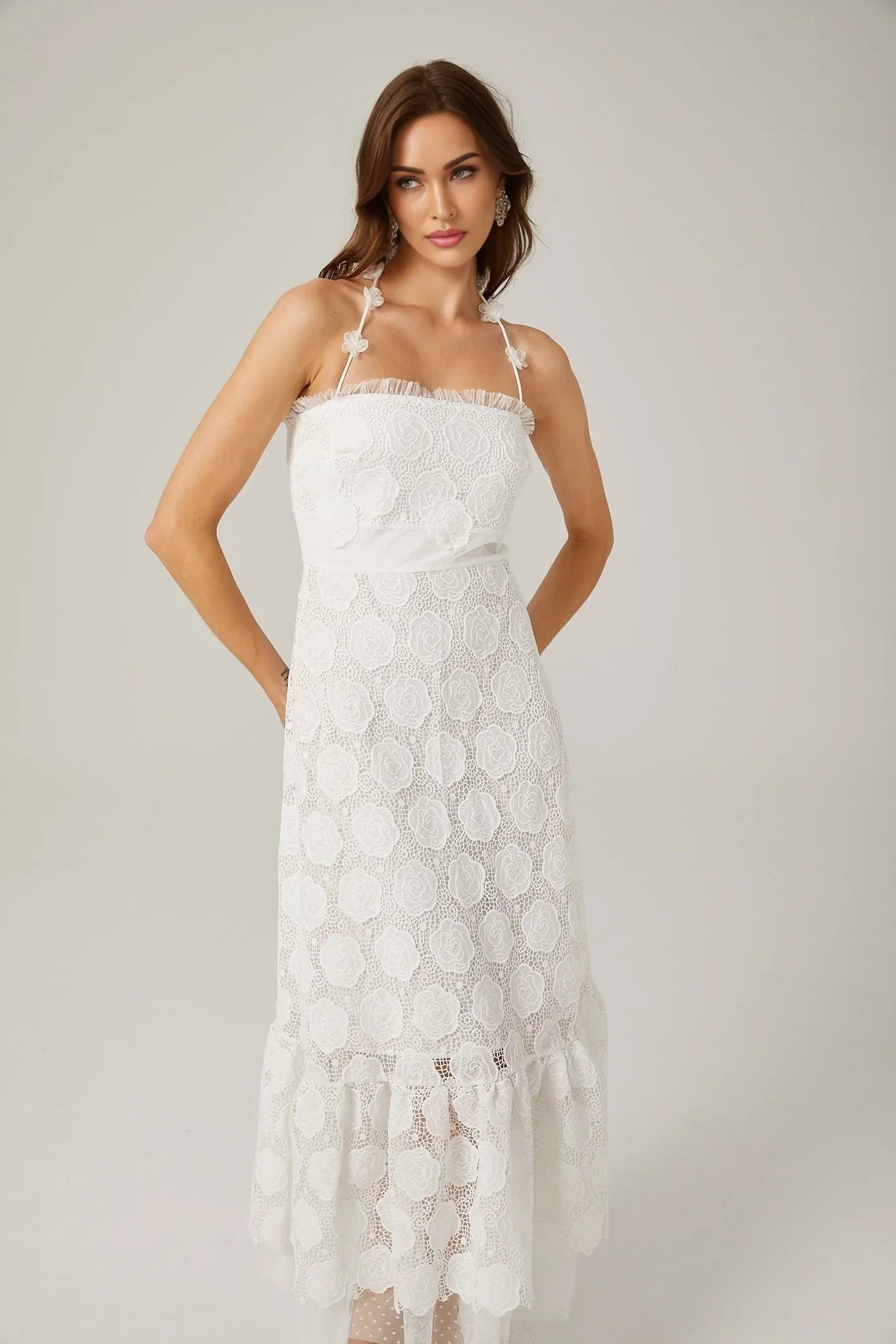 Amalia Floral Midi Dress - Halterneck Design - Lace Trim Detailing - Faux - Floral Embellishments - Semi - sheer Construction