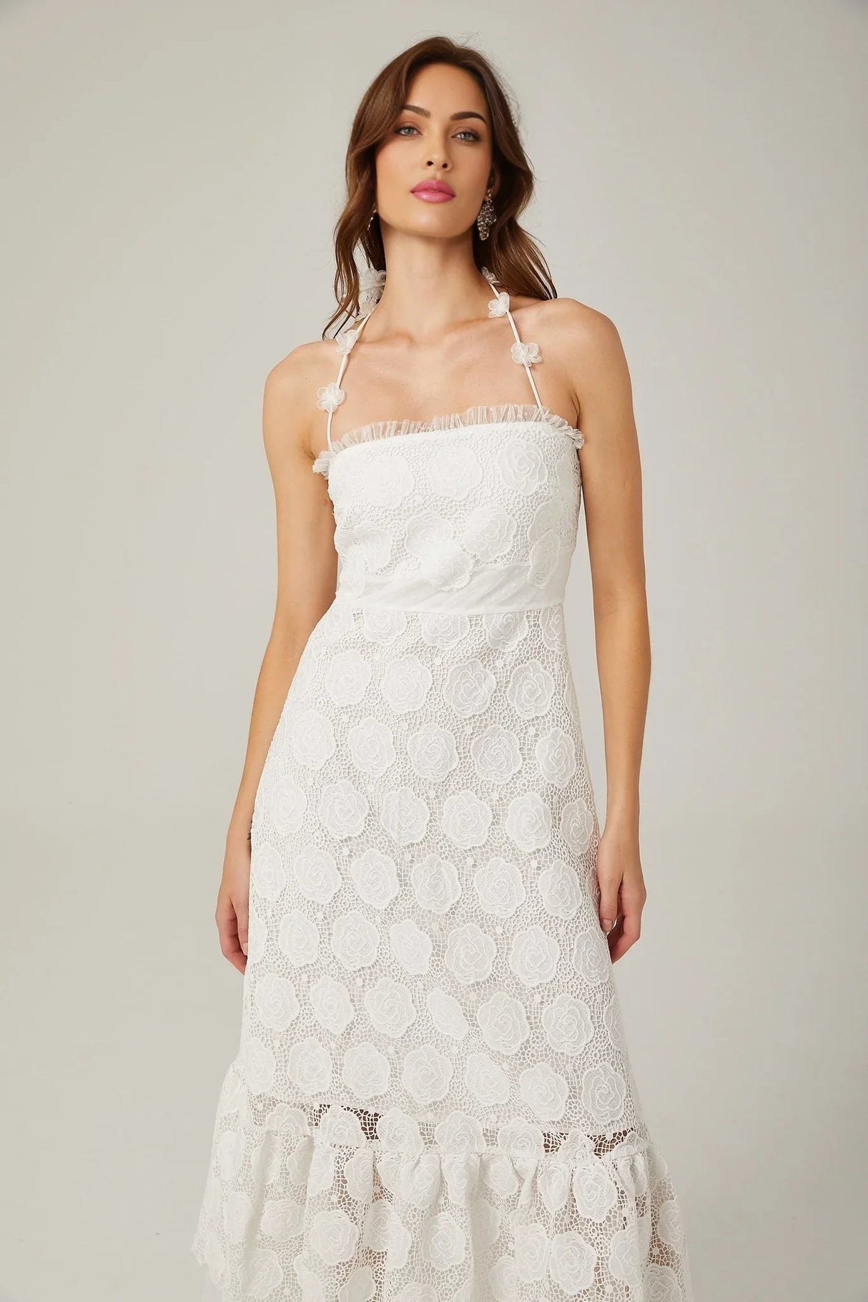 Amalia Floral Midi Dress - Halterneck Design - Lace Trim Detailing - Faux - Floral Embellishments - Semi - sheer Construction