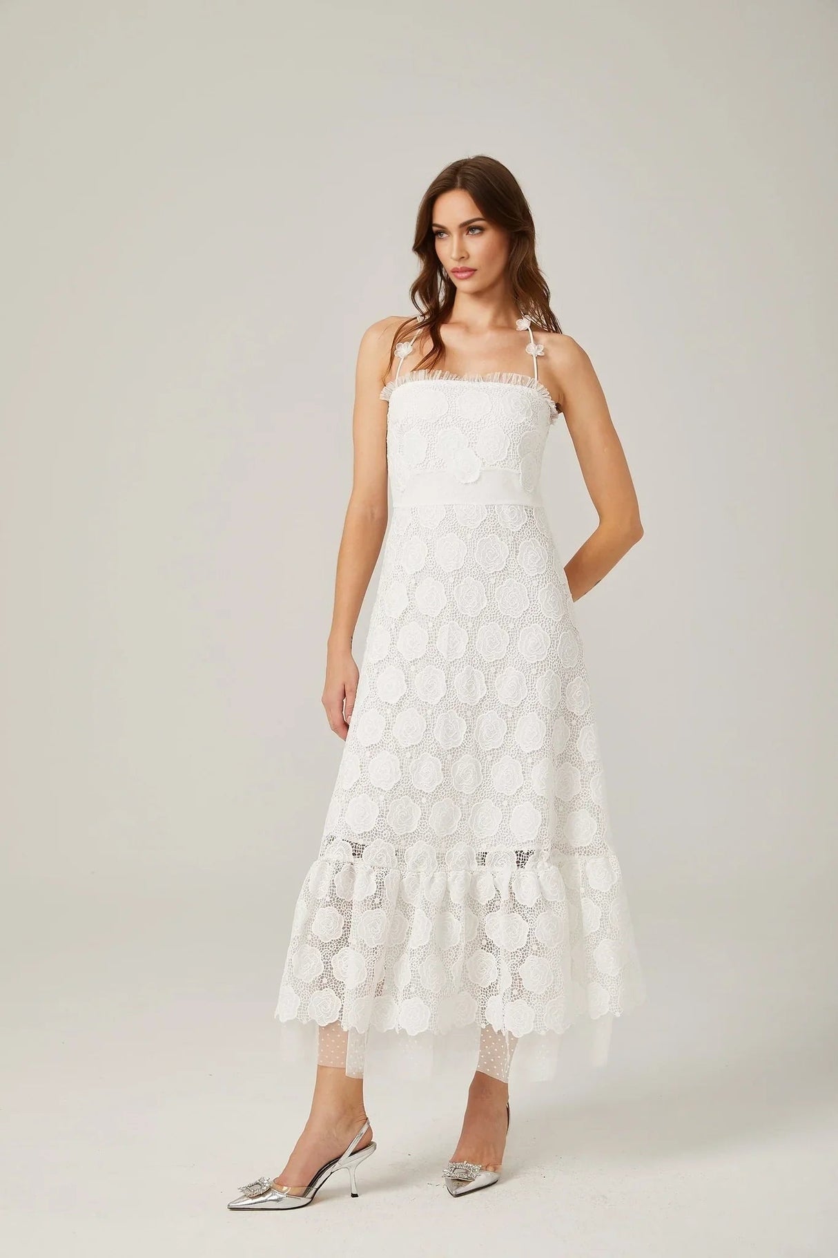 Amalia Floral Midi Dress - Halterneck Design - Lace Trim Detailing - Faux - Floral Embellishments - Semi - sheer Construction