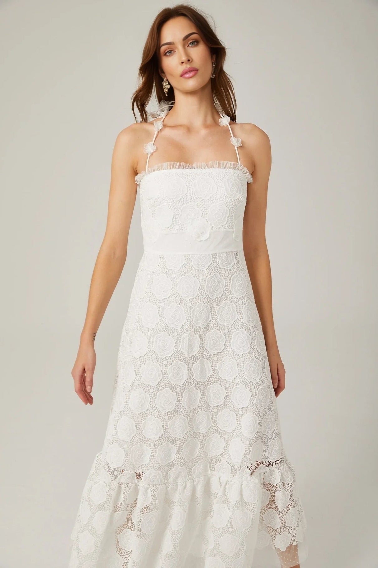 Amalia Floral Midi Dress - Halterneck Design - Lace Trim Detailing - Faux - Floral Embellishments - Semi - sheer Construction