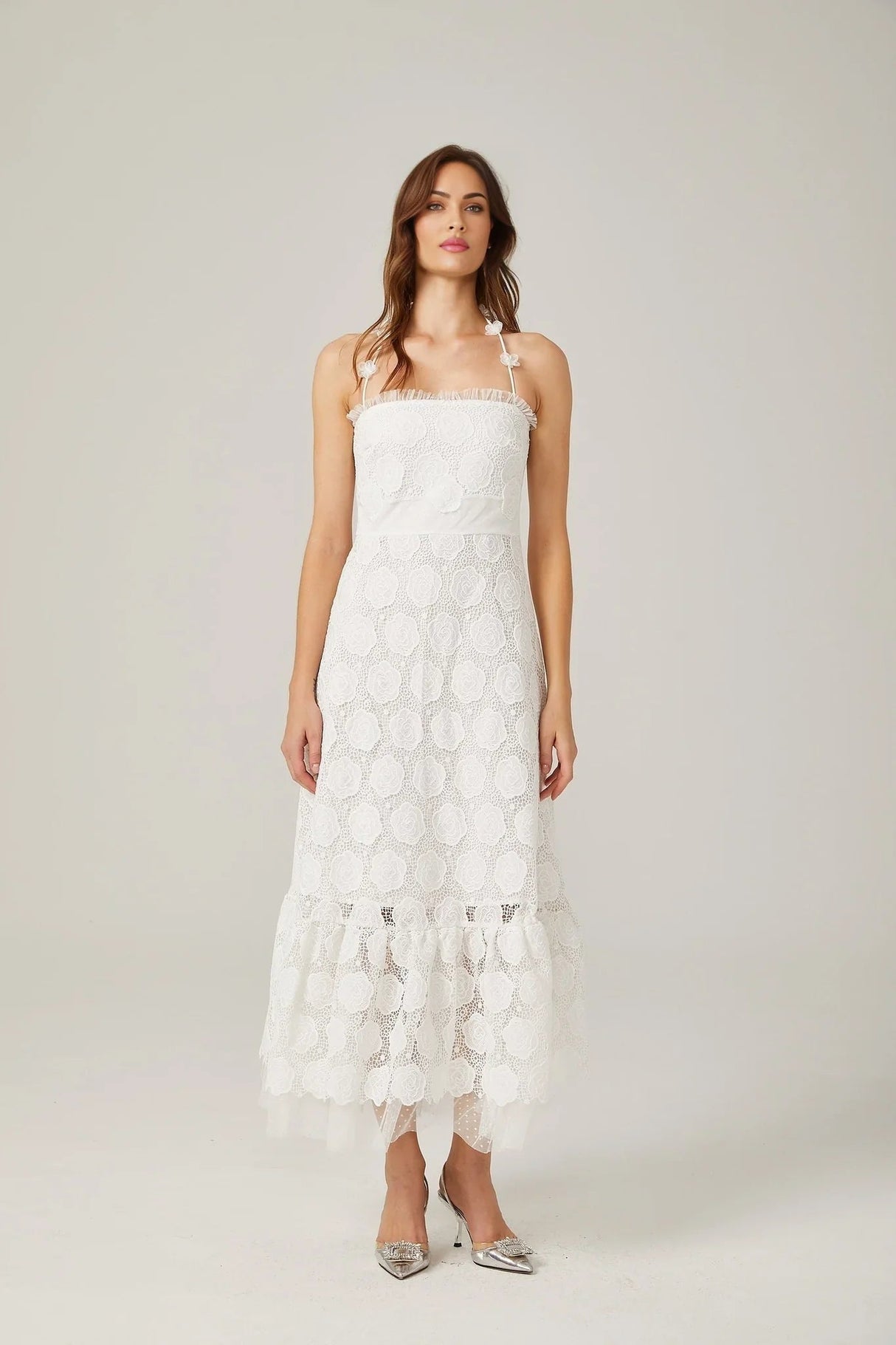 Amalia Floral Midi Dress - Halterneck Design - Lace Trim Detailing - Faux - Floral Embellishments - Semi - sheer Construction