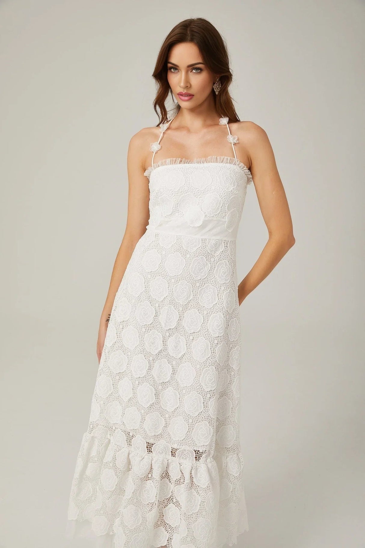 Amalia Floral Midi Dress - Halterneck Design - Lace Trim Detailing - Faux - Floral Embellishments - Semi - sheer Construction