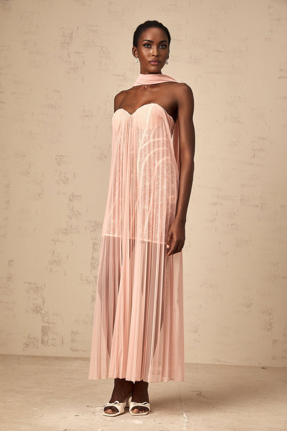Amalia Maxi Dress - Off - Shoulder Pleated Tulle - Sweetheart Neck - Ribbon Design