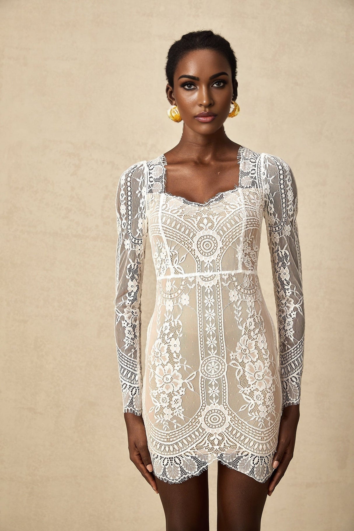 Amalia Mini Dress – Square Neck – Long Semi - Sheer Sleeves – Lace Panelling