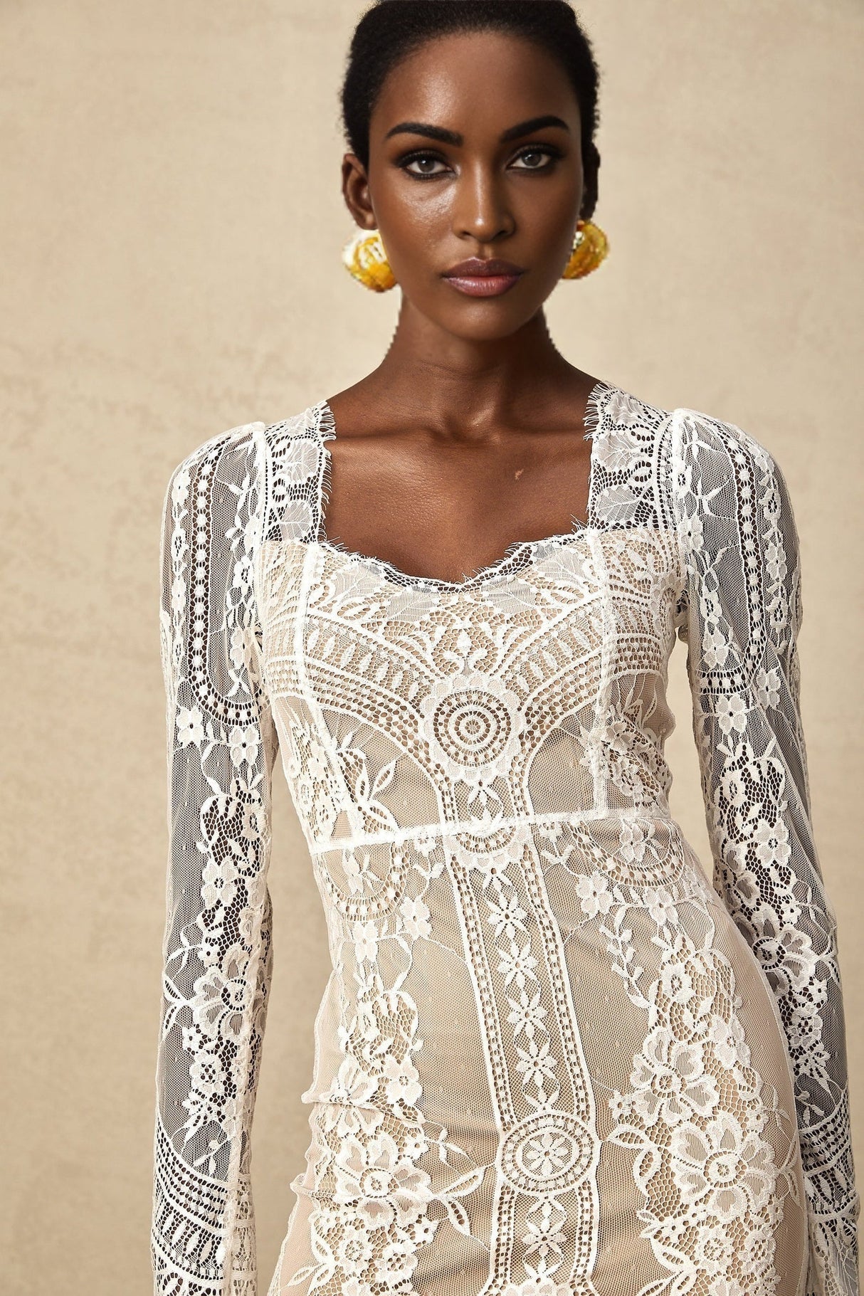 Amalia Mini Dress – Square Neck – Long Semi - Sheer Sleeves – Lace Panelling