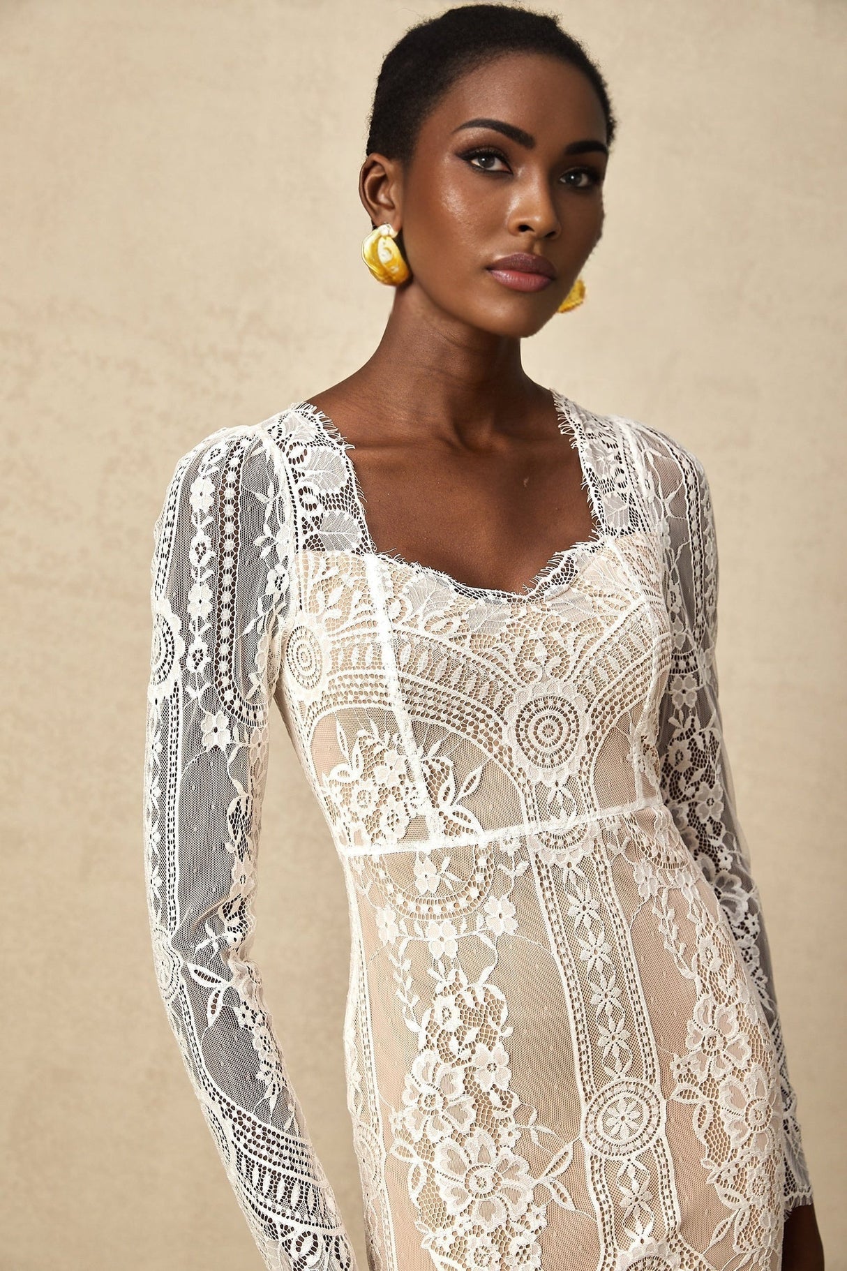 Amalia Mini Dress – Square Neck – Long Semi - Sheer Sleeves – Lace Panelling