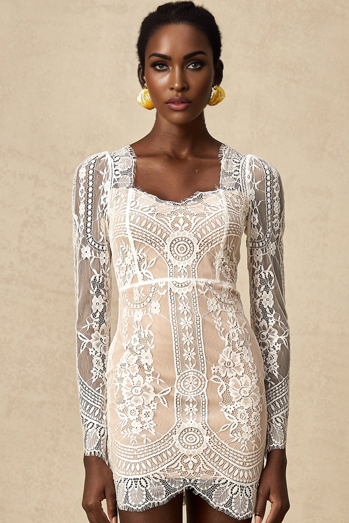 Amalia Mini Dress – Square Neck – Long Semi - Sheer Sleeves – Lace Panelling