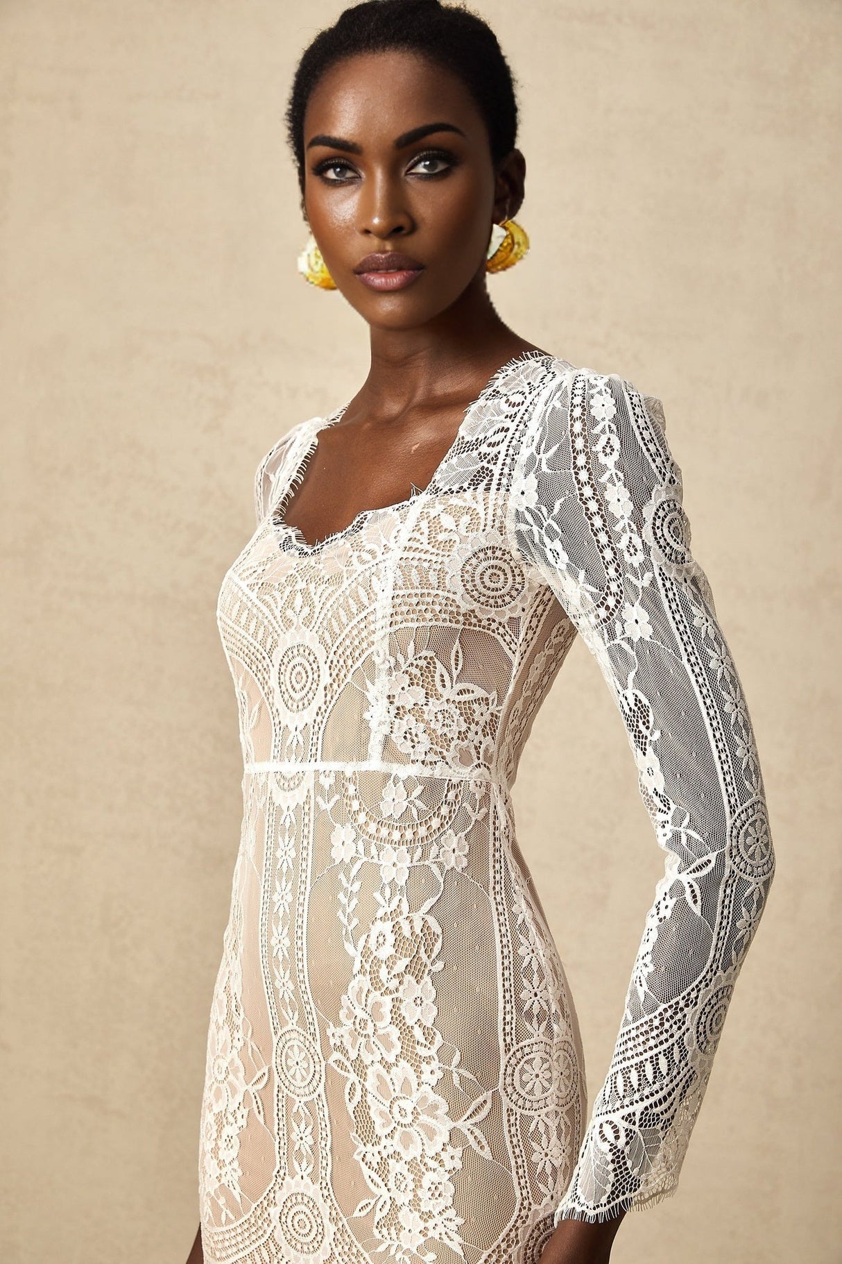 Amalia Mini Dress – Square Neck – Long Semi - Sheer Sleeves – Lace Panelling