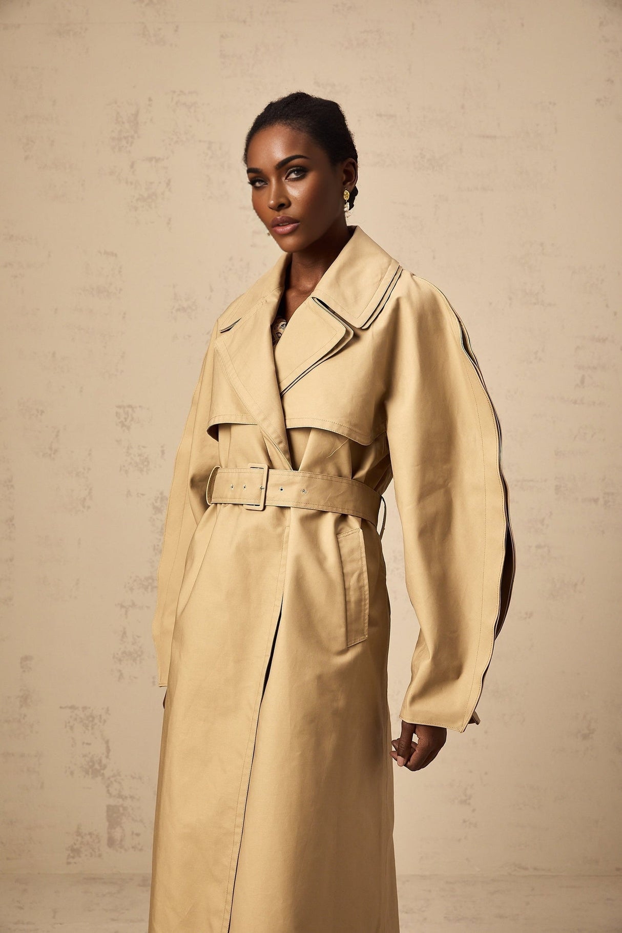 Amalia Trench Coat - Wide Layered Lapels - V - Neck - Curved Sleeves - Belted Waist