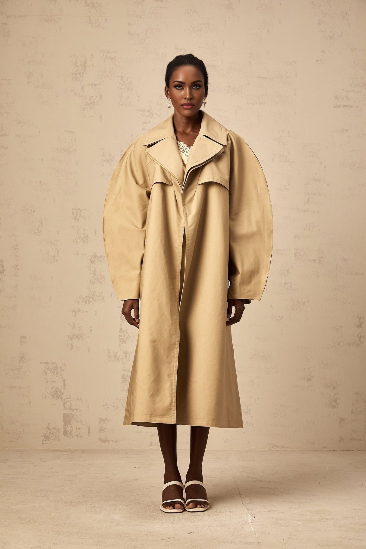 Amalia Trench Coat - Wide Layered Lapels - V - Neck - Curved Sleeves - Belted Waist